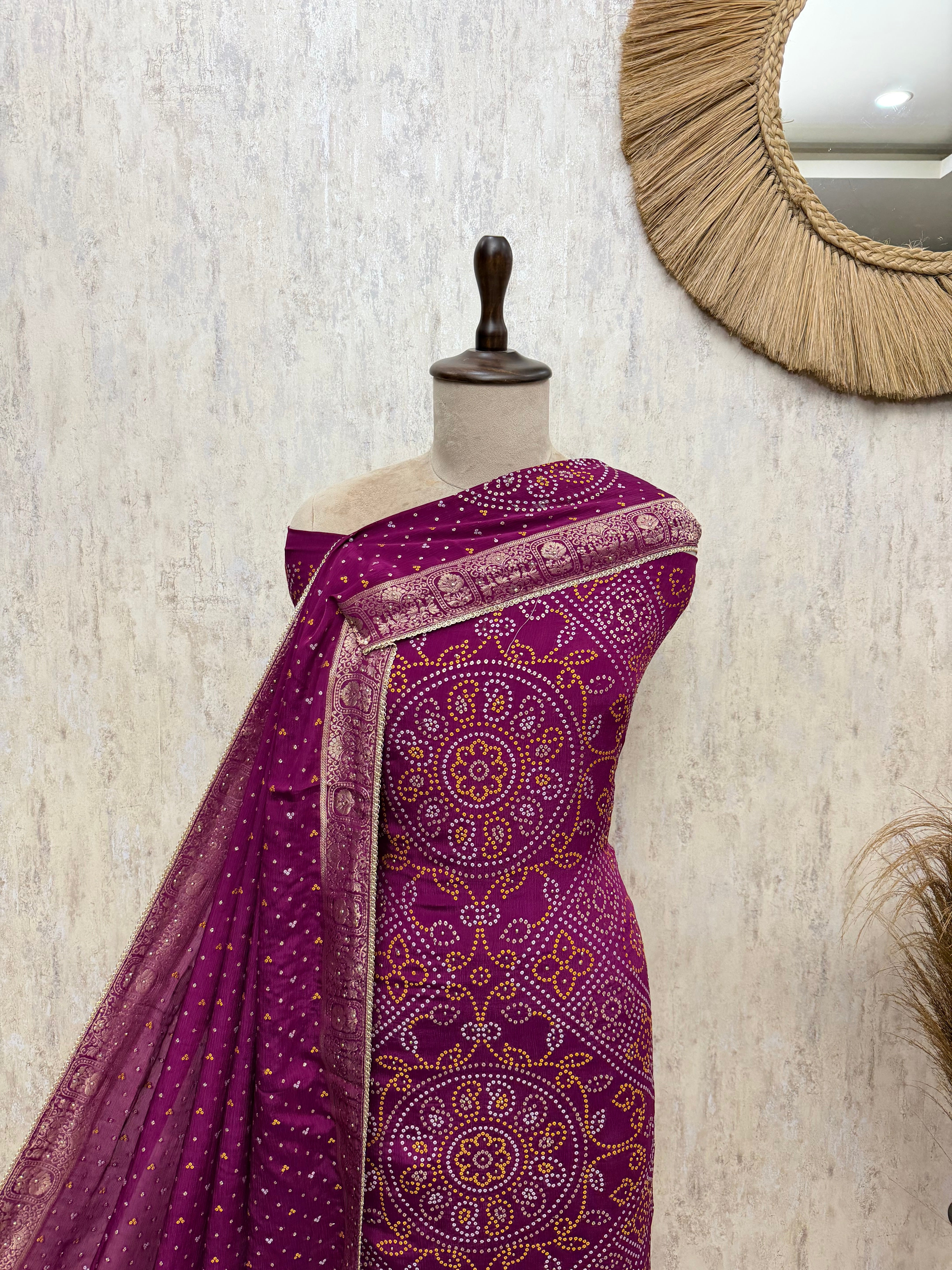 Elegant Bandhani Chinnon Unstitched Suit