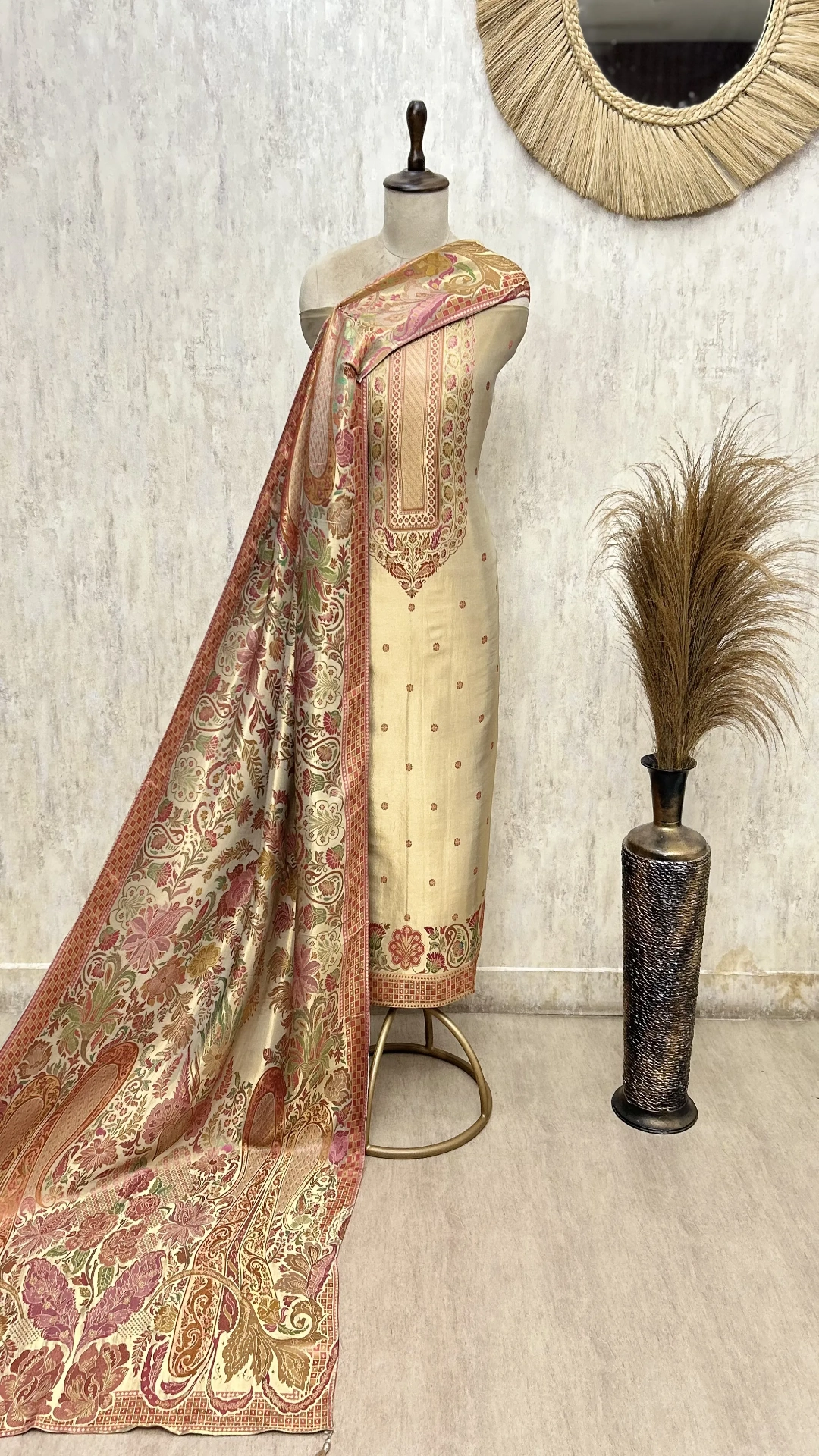 Katan silk Unstitched Suit with antique floral and paisley detailing