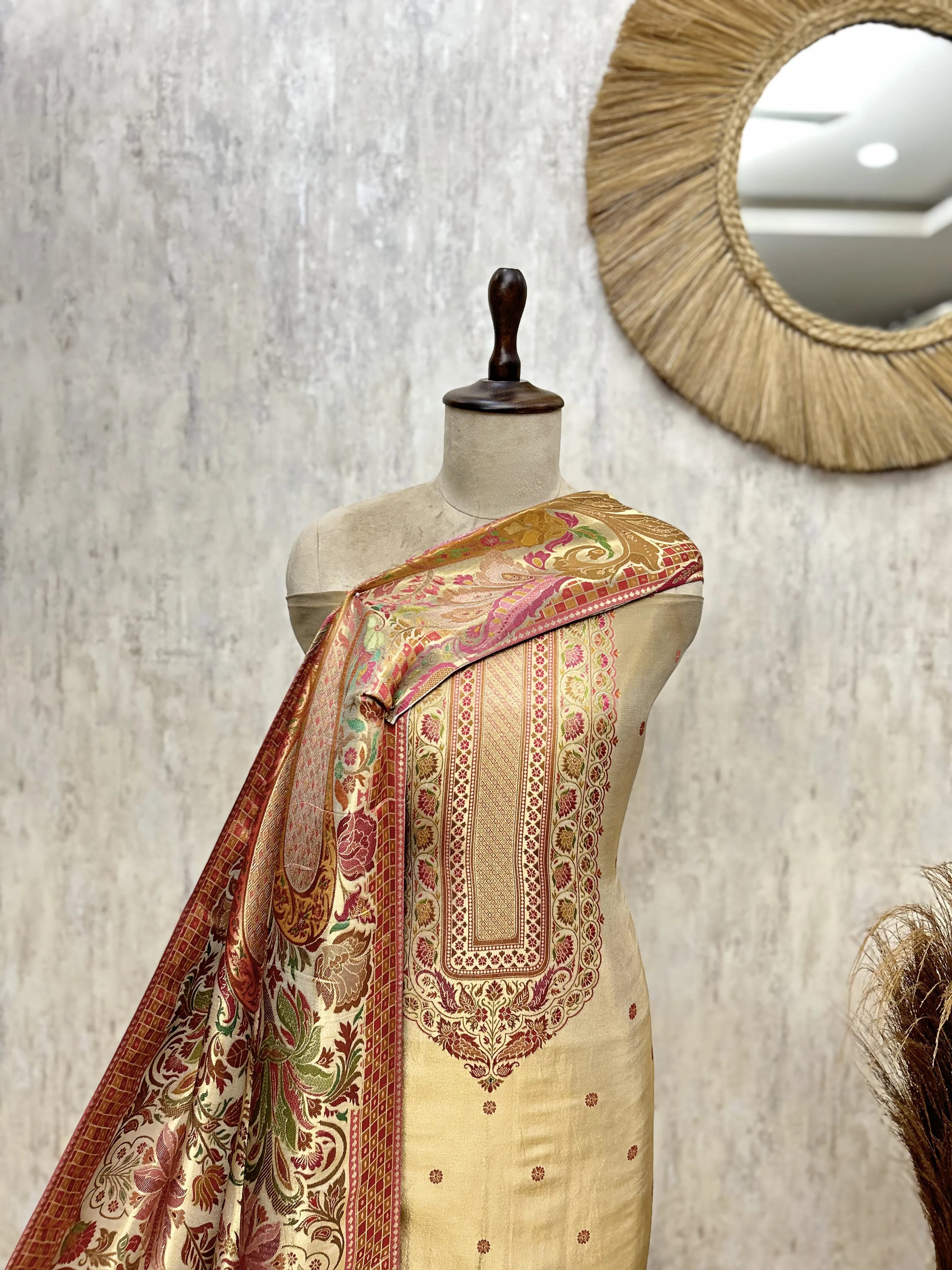Katan silk Unstitched Suit with antique floral and paisley detailing