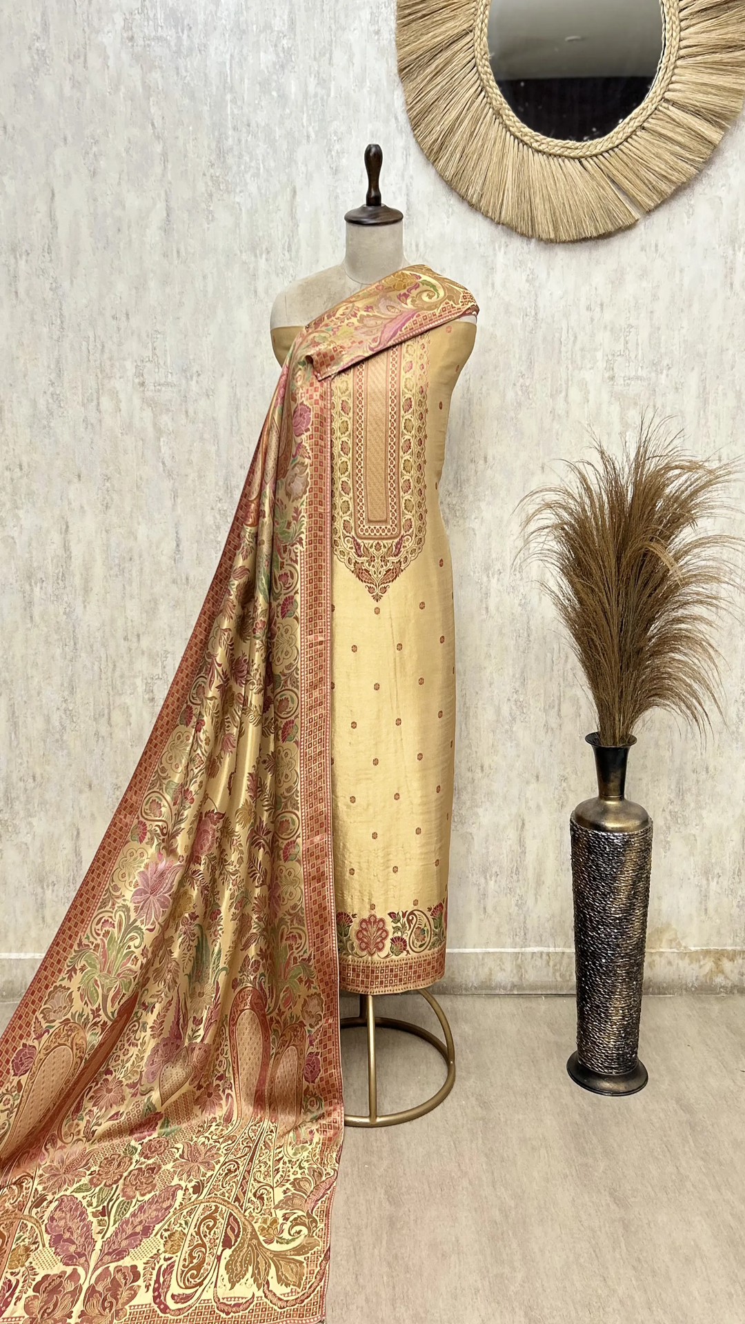 Katan silk Unstitched Suit with antique floral and paisley detailing