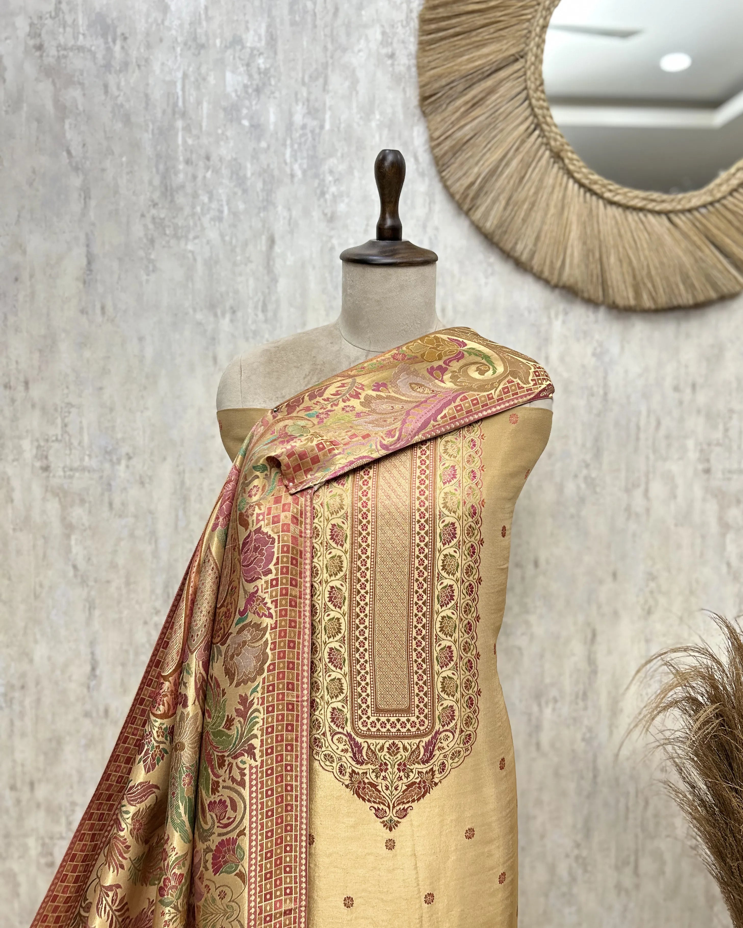 Katan silk Unstitched Suit with antique floral and paisley detailing