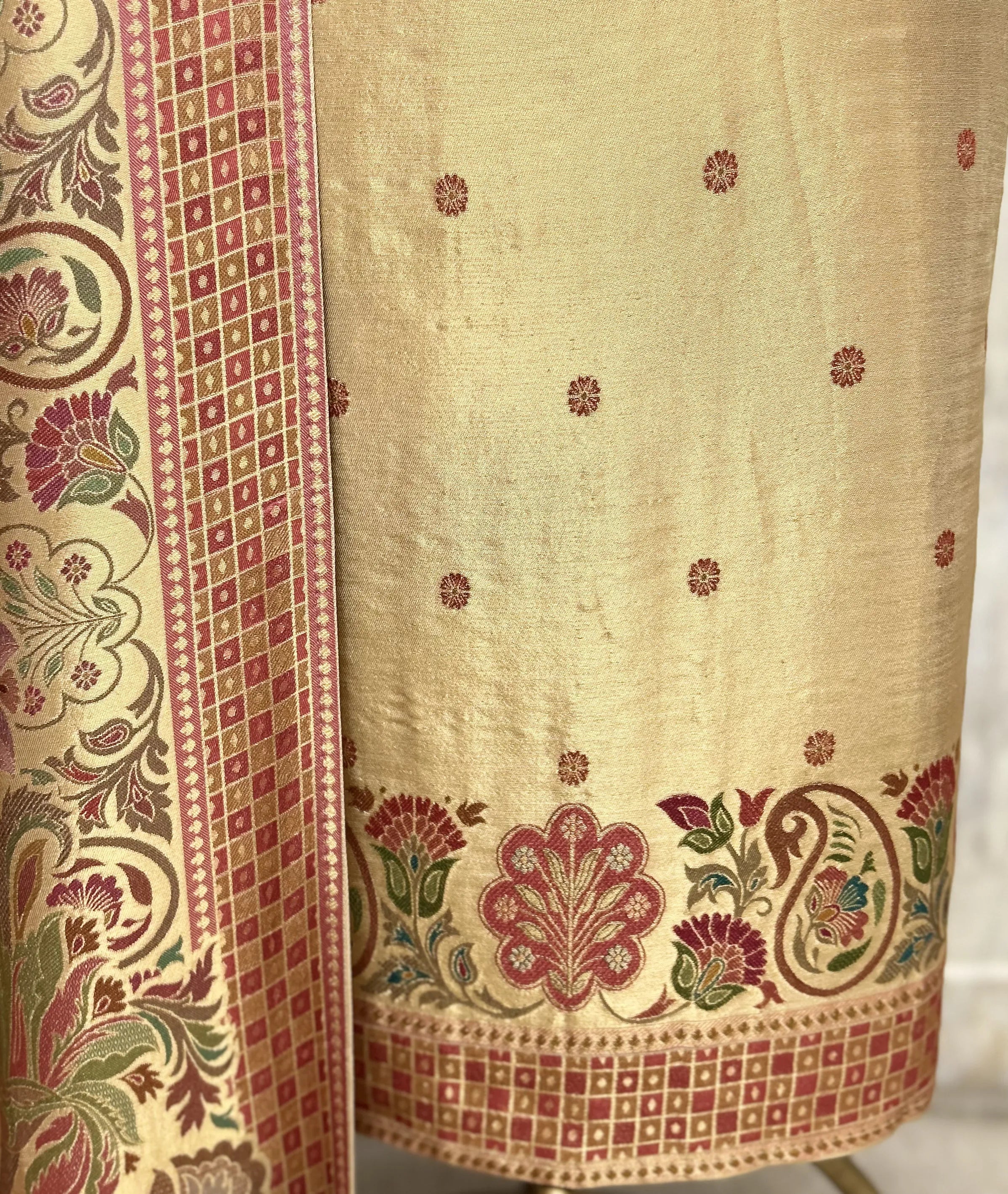 Katan silk Unstitched Suit with antique floral and paisley detailing