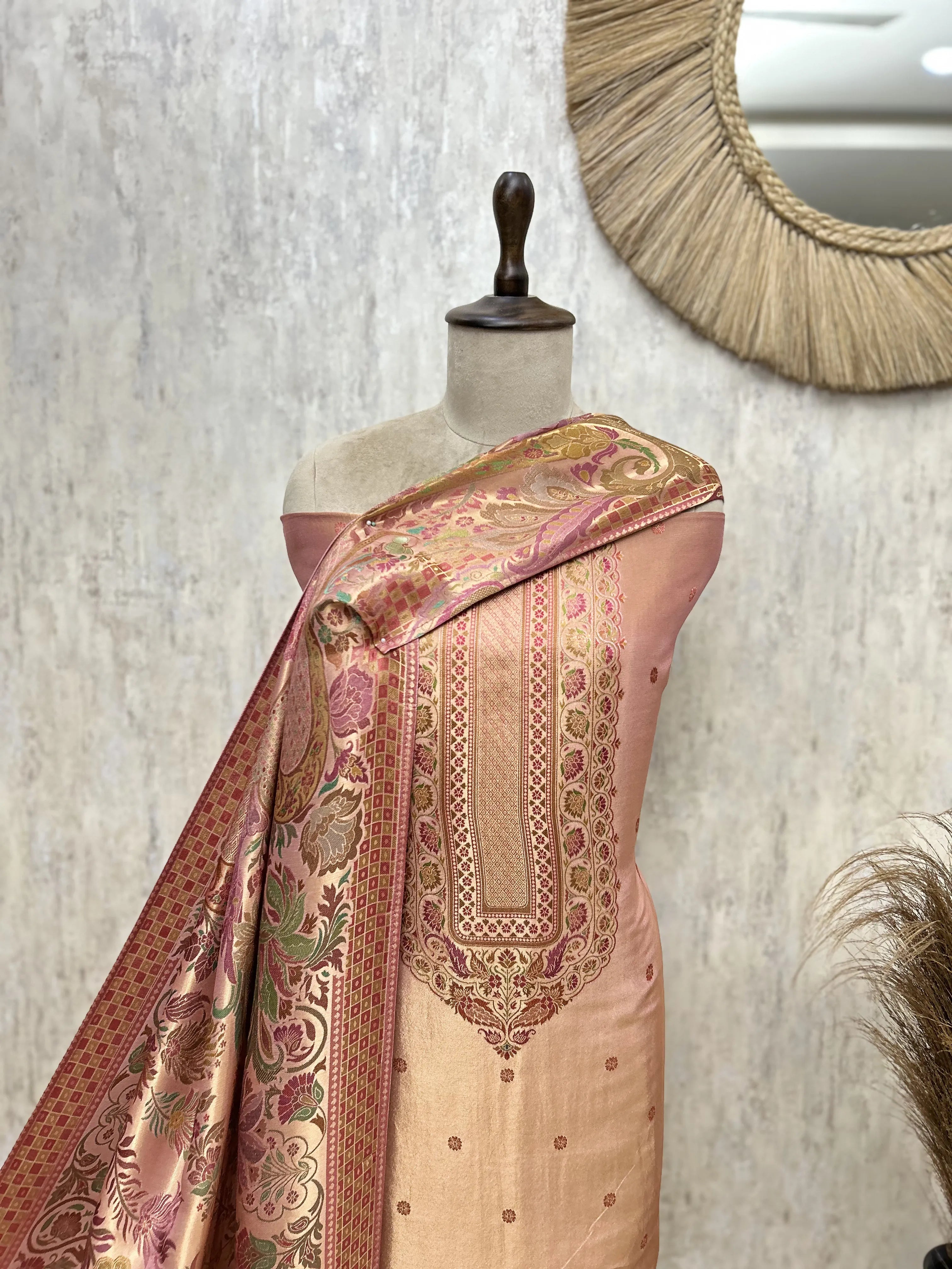 Katan silk Unstitched Suit with antique floral and paisley detailing