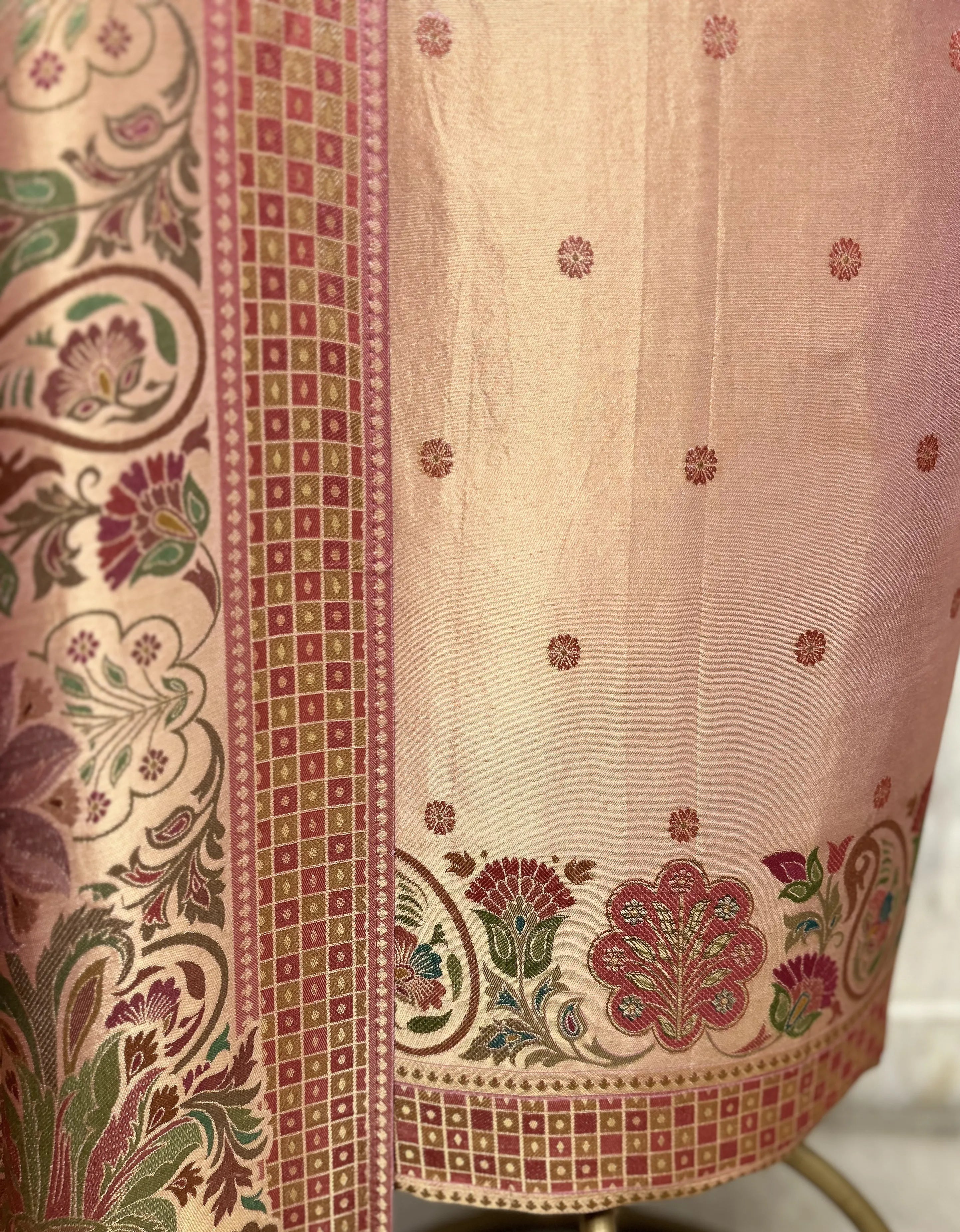 Katan silk Unstitched Suit with antique floral and paisley detailing