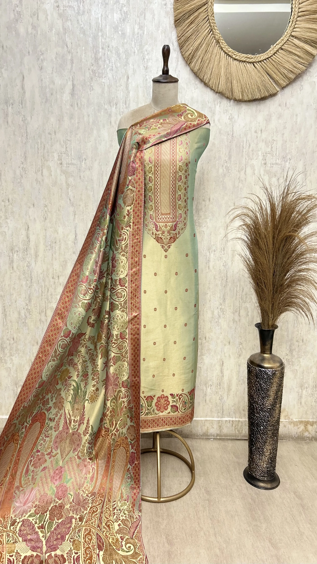 Katan silk Unstitched Suit with antique floral and paisley detailing