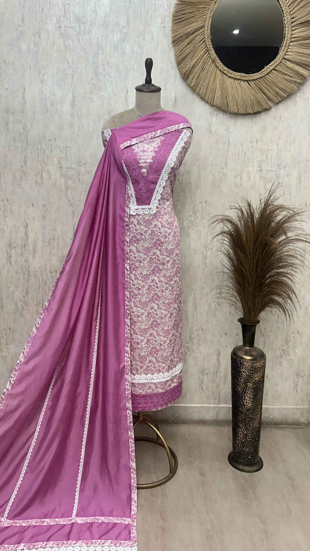 Rose Lace Beauty Cotton Unstitched Suit