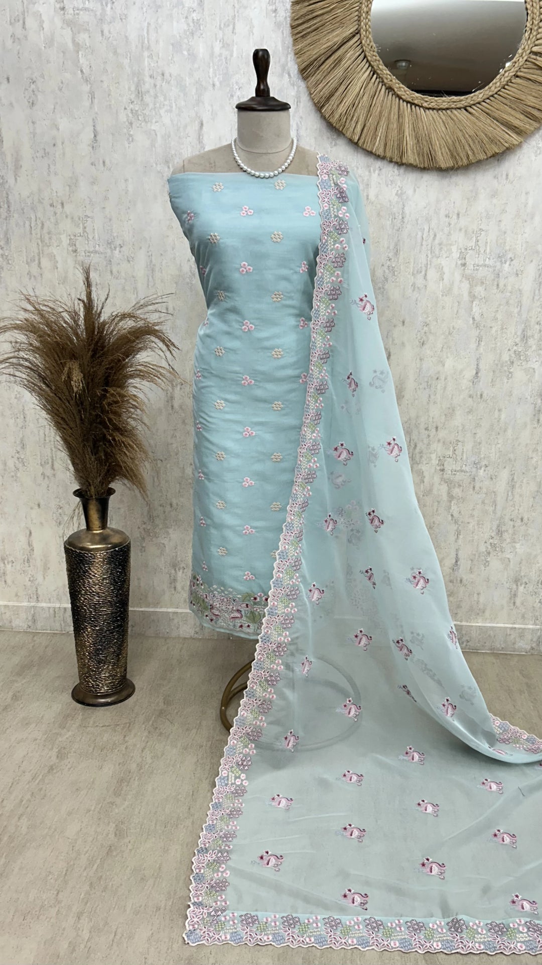 Organza Unstitched Suit Set With Thread Work Flamingo Motif