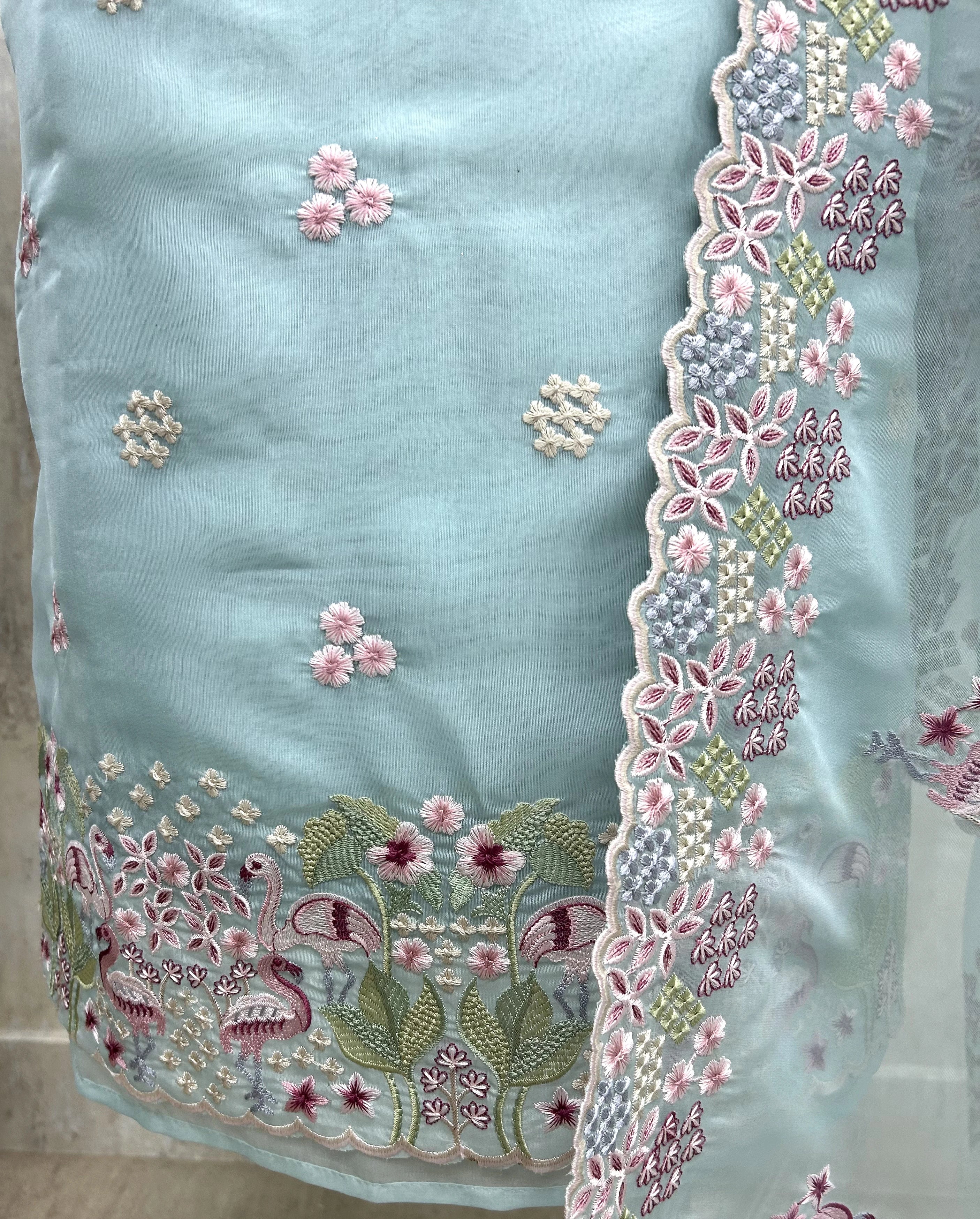 Organza Unstitched Suit Set With Thread Work Flamingo Motif