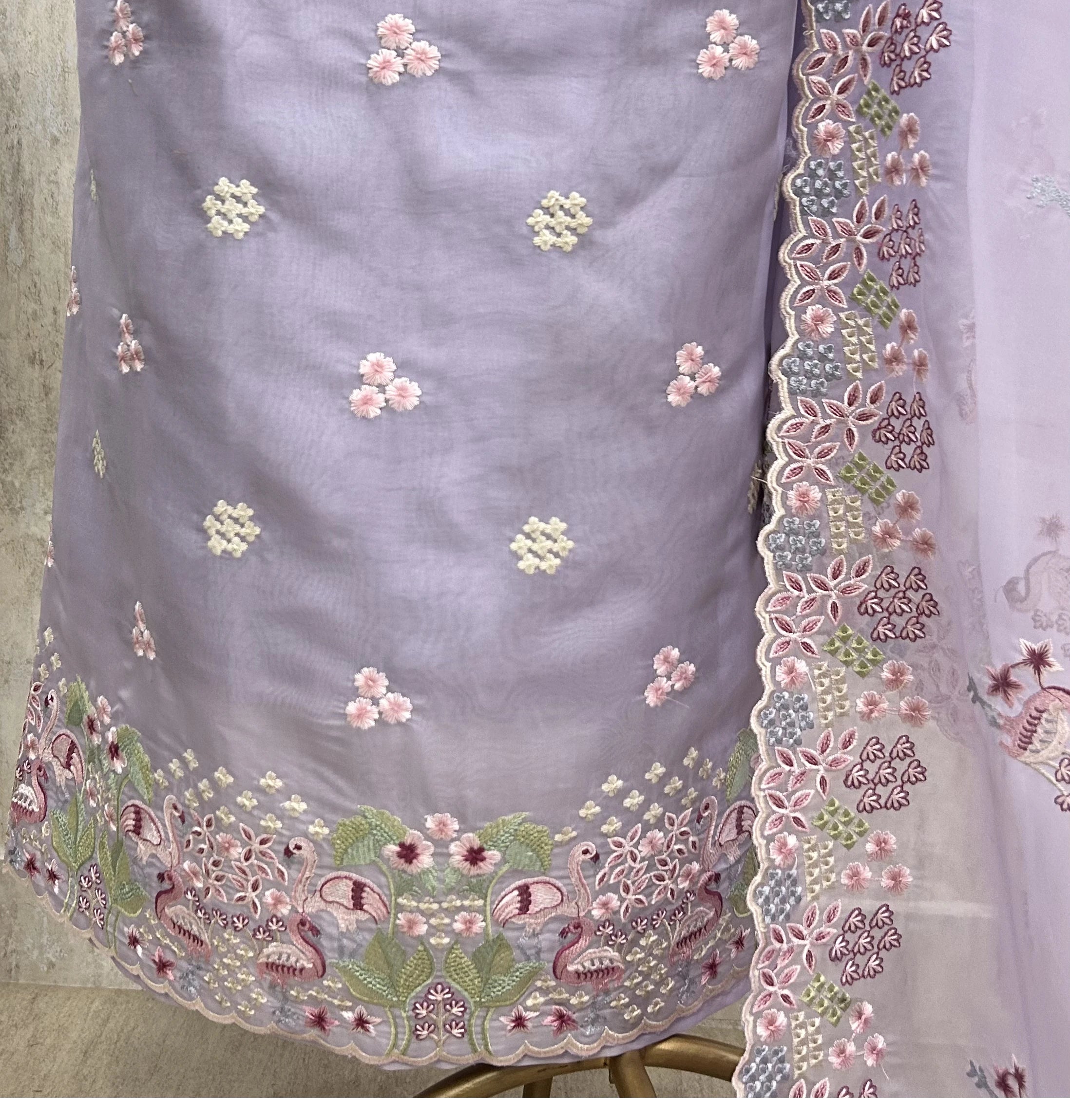 Organza Unstitched Suit Set With Thread Work Flamingo Motif