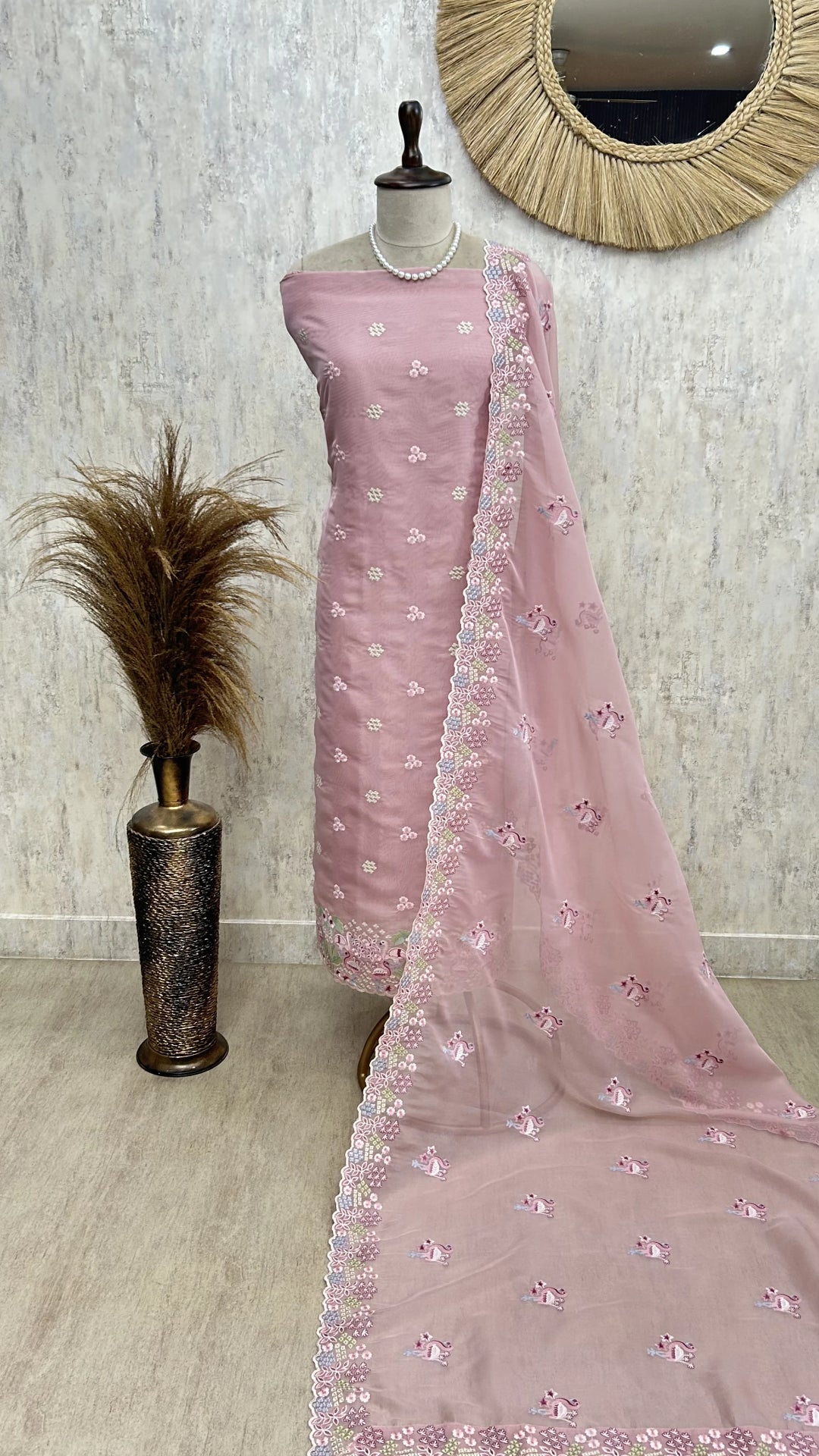 Organza Unstitched Suit Set With Thread Work Flamingo Motif