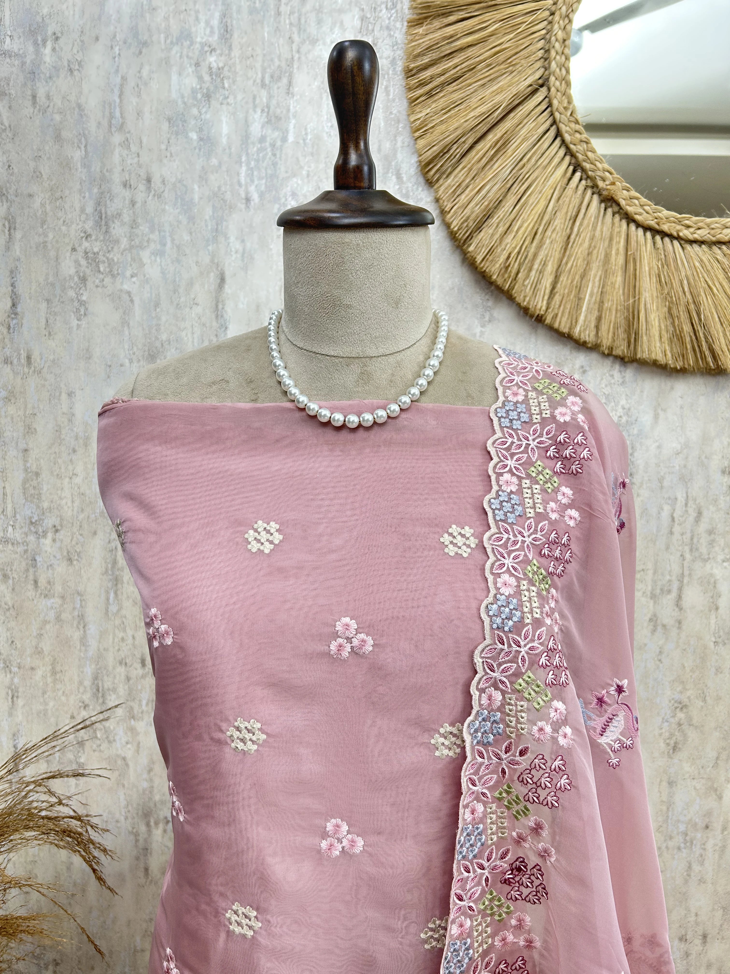 Organza Unstitched Suit Set With Thread Work Flamingo Motif