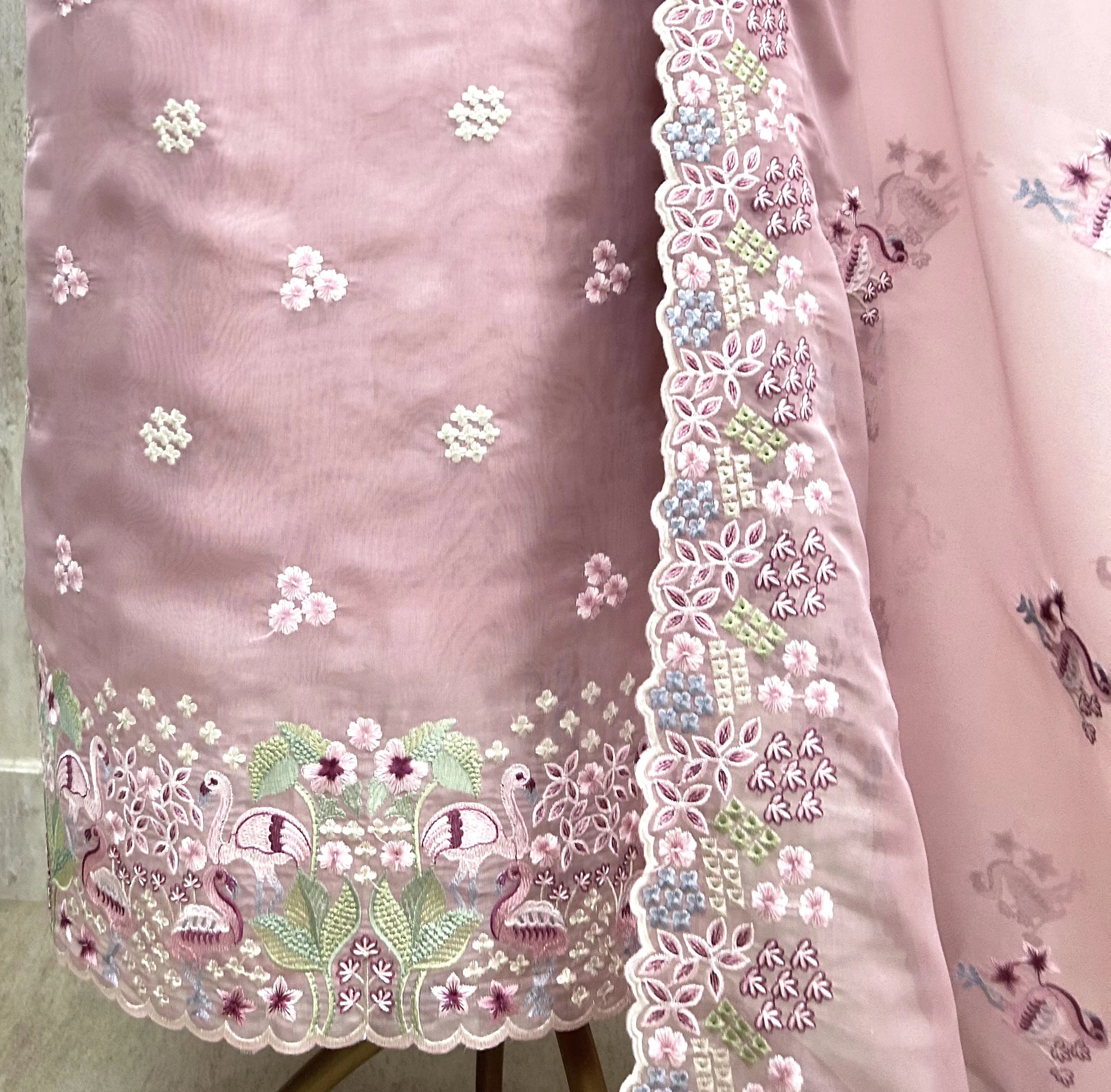 Organza Unstitched Suit Set With Thread Work Flamingo Motif