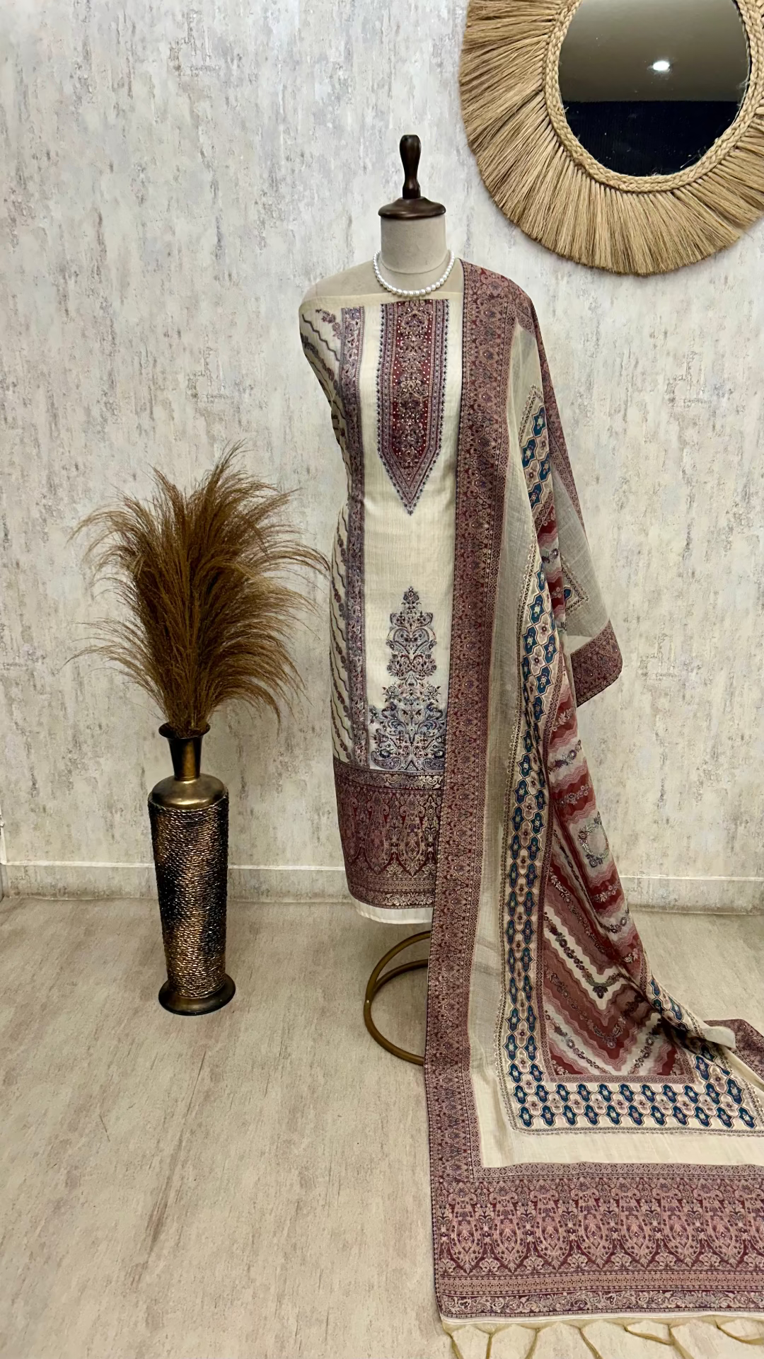 Linen Unstitched Suit Set With Linen Dupatta
