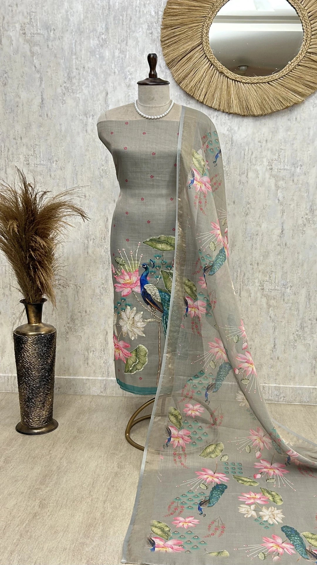 Peacock Print Jamdani Linen Unstitched Suit Set