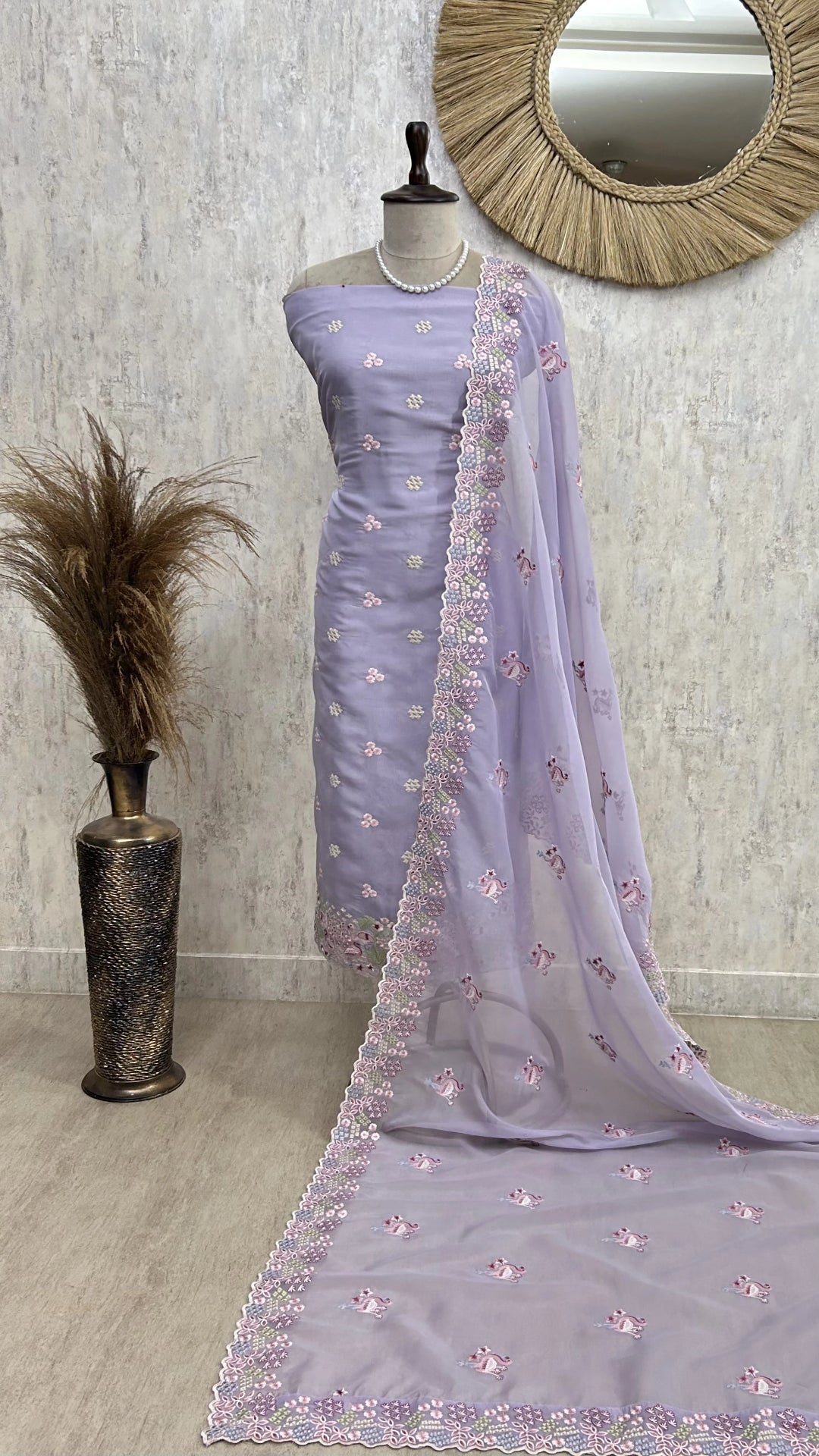 Organza Unstitched Suit Set With Thread Work Flamingo Motif
