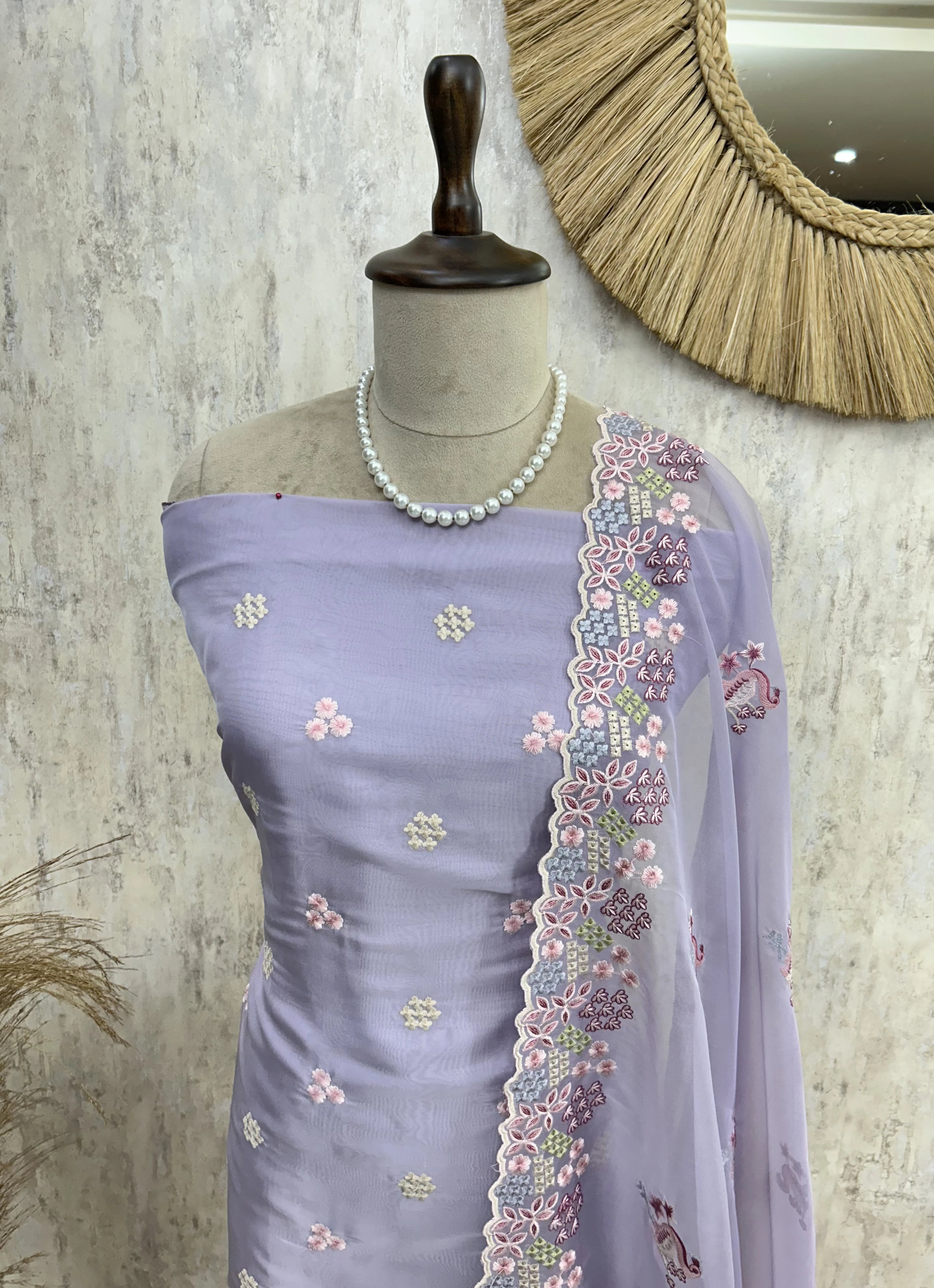 Organza Unstitched Suit Set With Thread Work Flamingo Motif