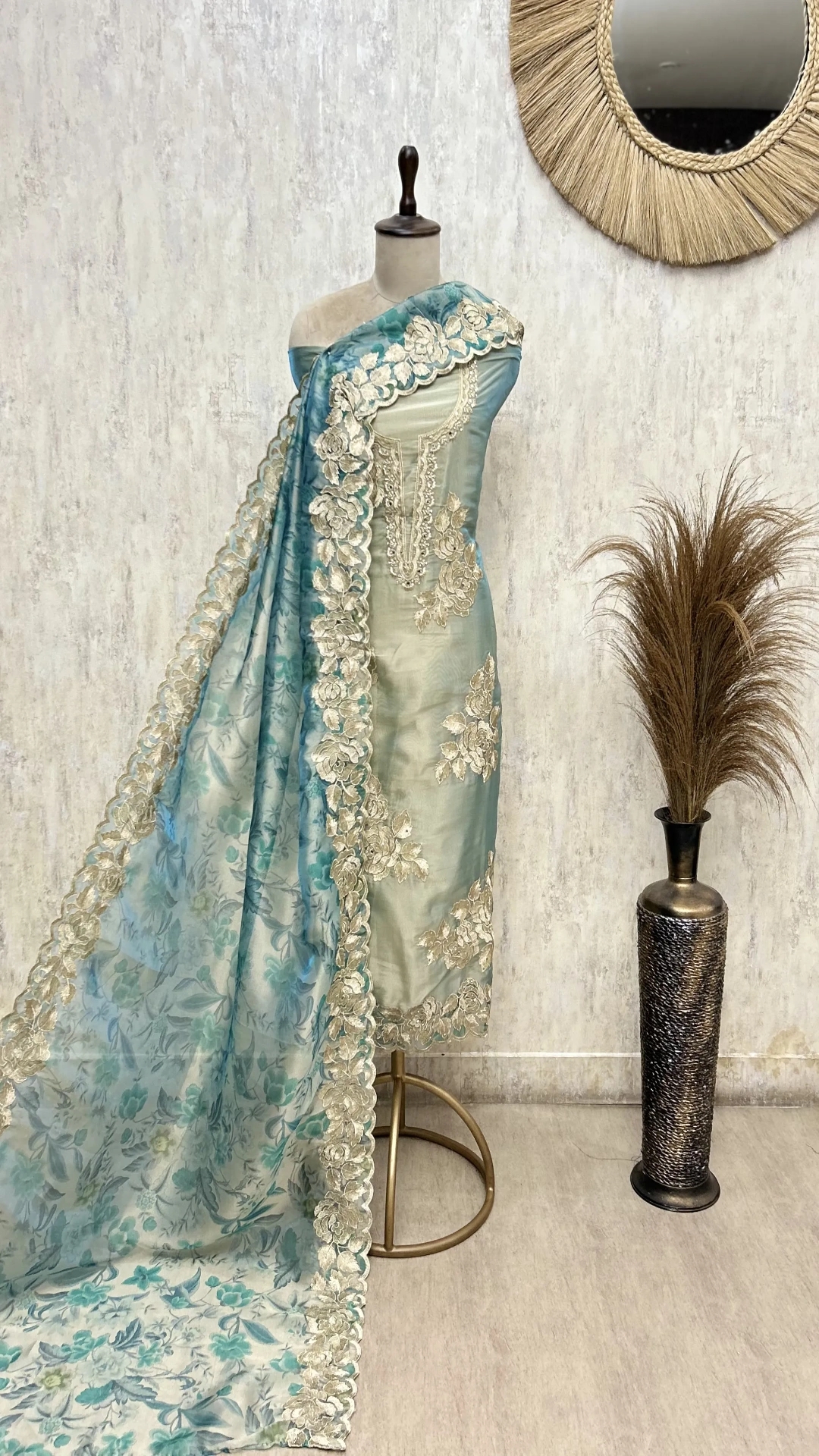 Exquisite Glass Organza Floral Embroidered Unstitched Suit
