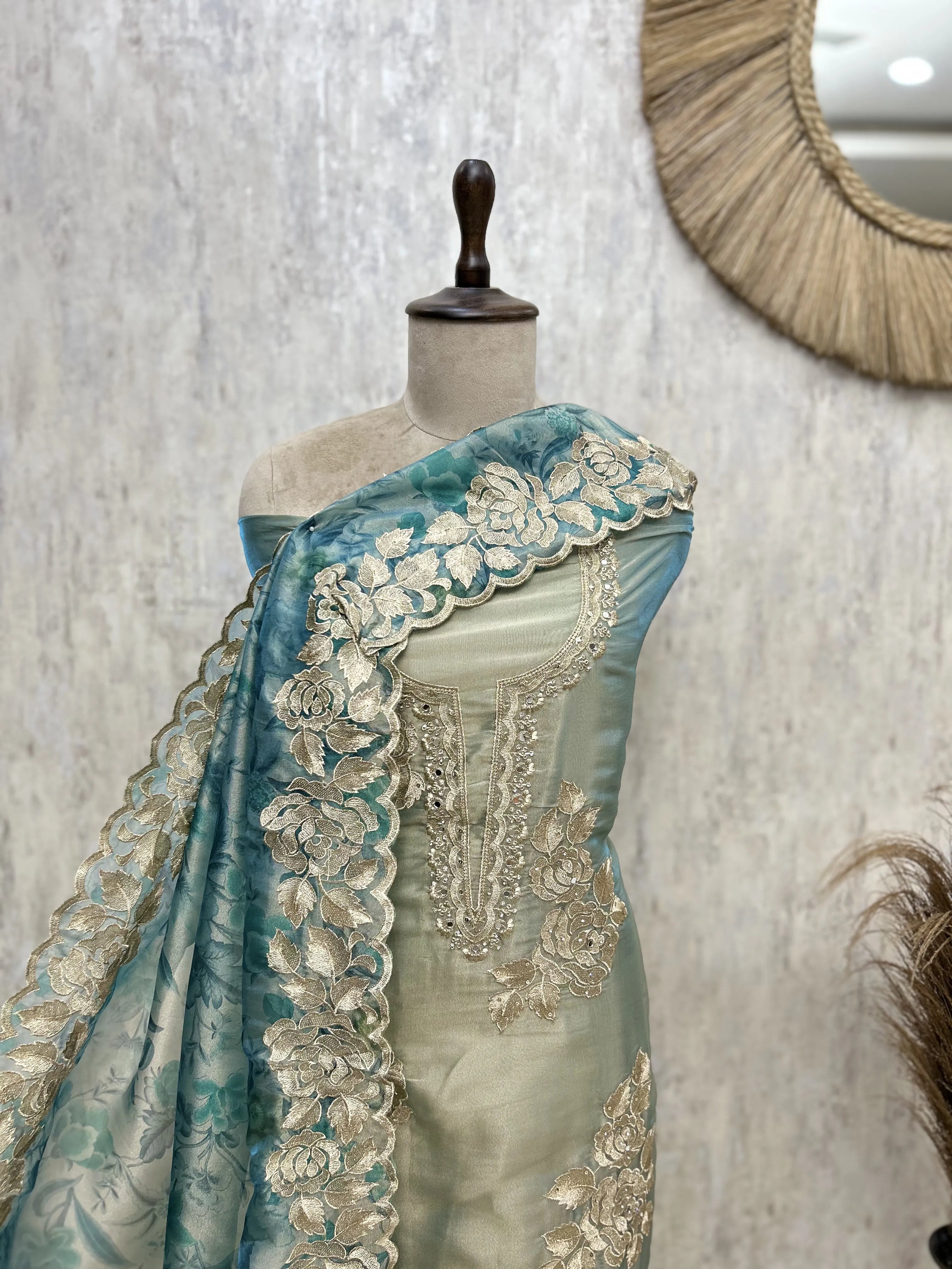 Exquisite Glass Organza Floral Embroidered Unstitched Suit