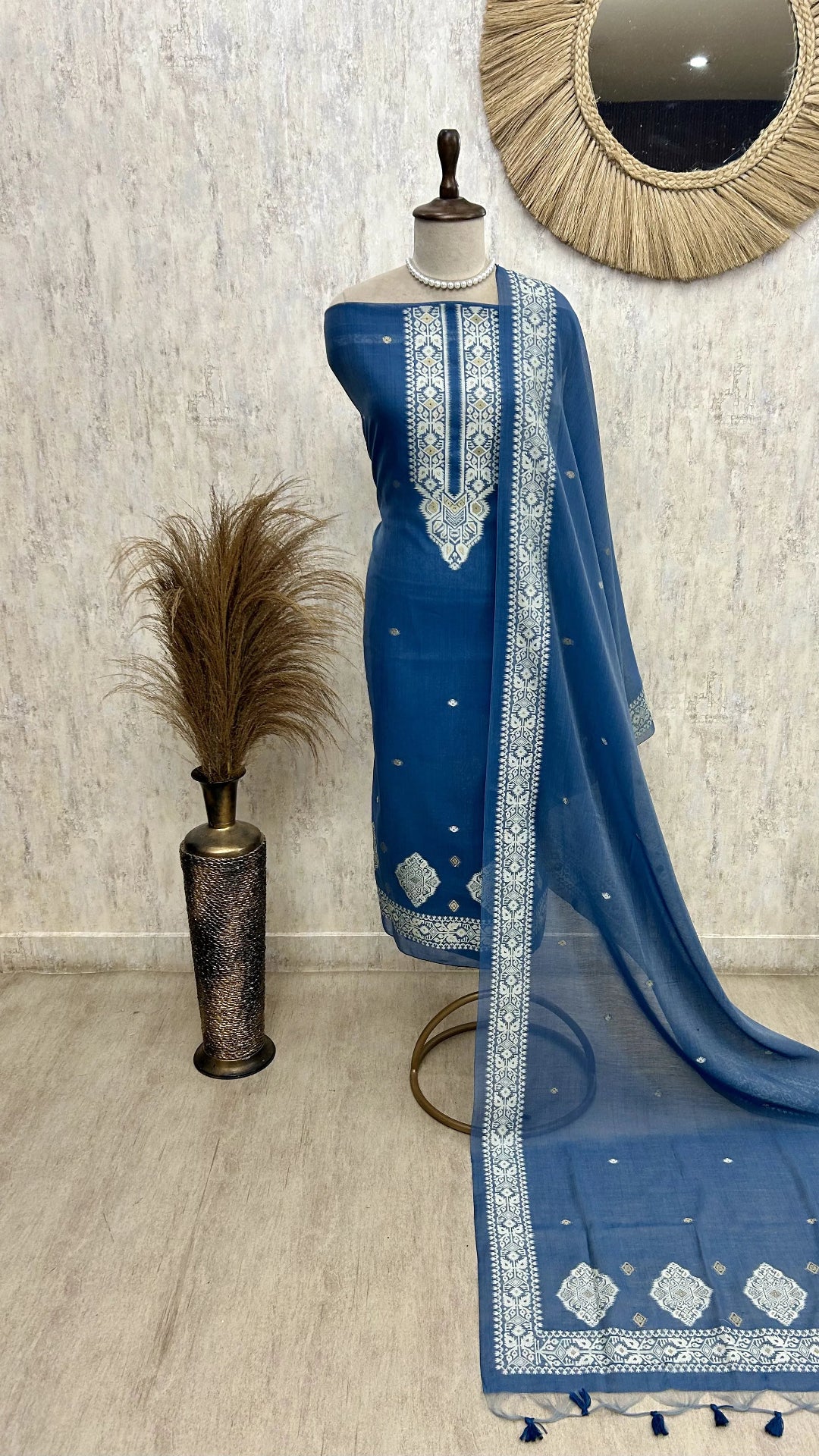 Indigo Unstitched Suit Set With Dupatta