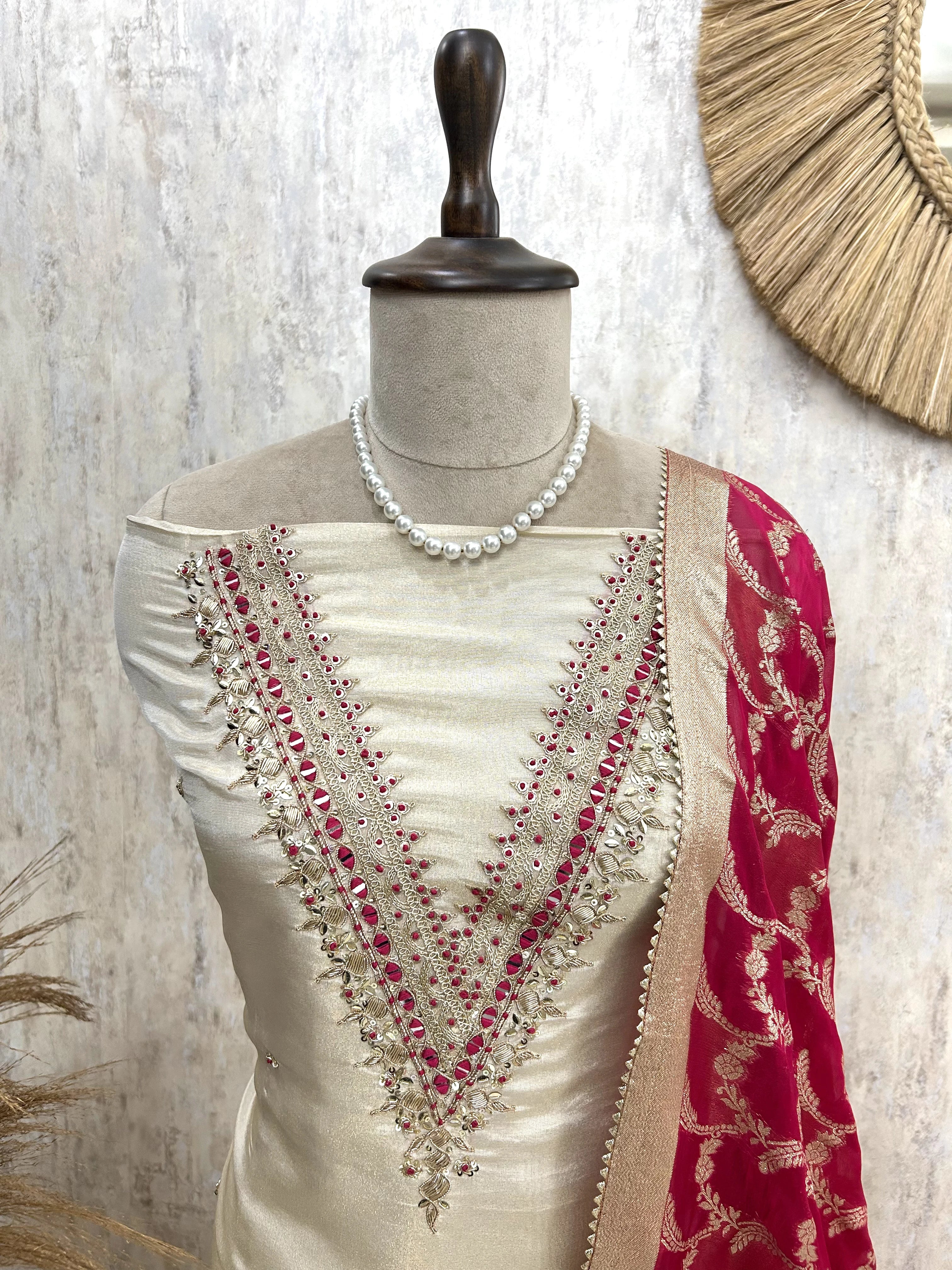 Zardozi Work Tissue Silk Unstitched Suit Set