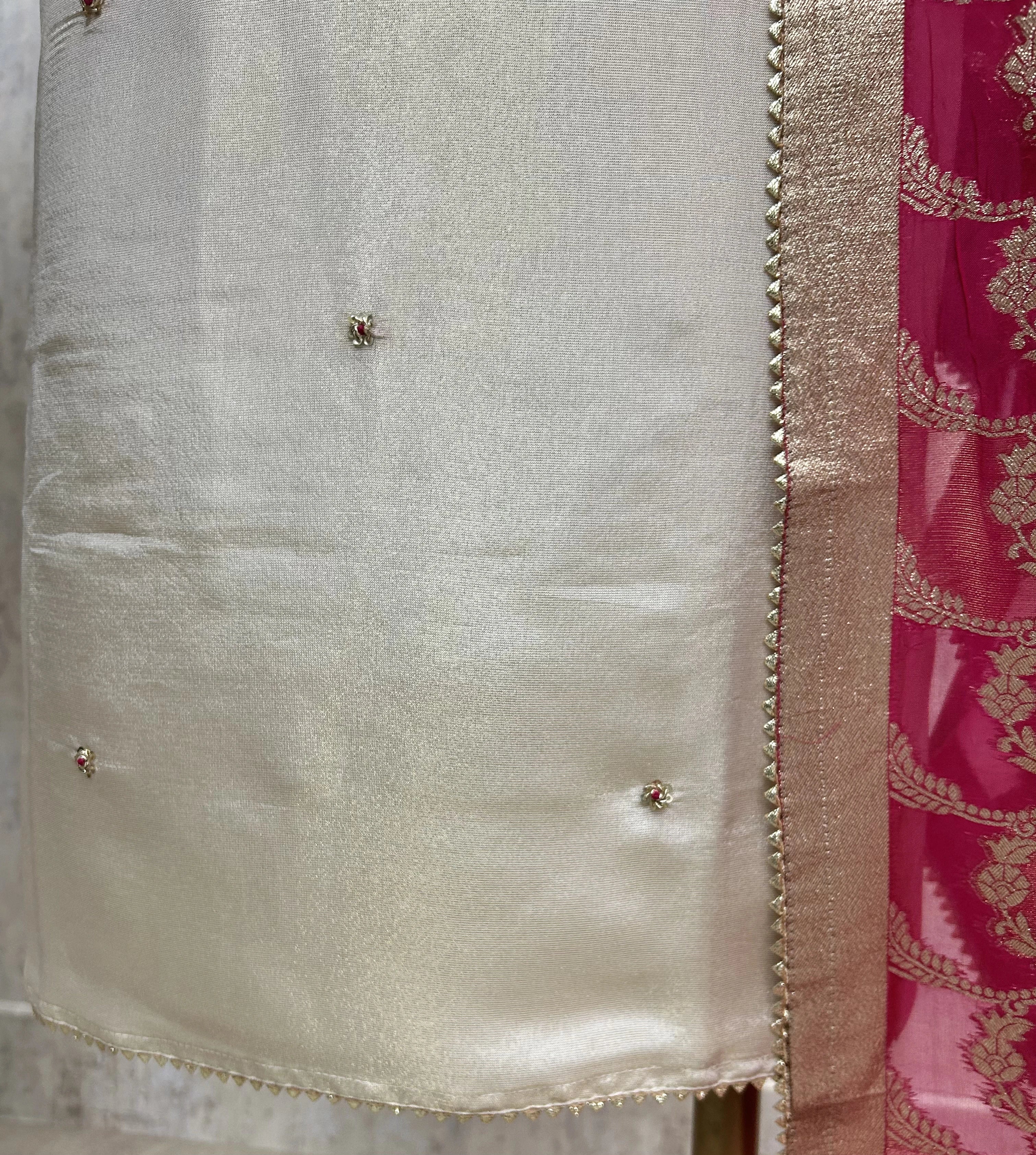 Zardozi Work Tissue Silk Unstitched Suit Set