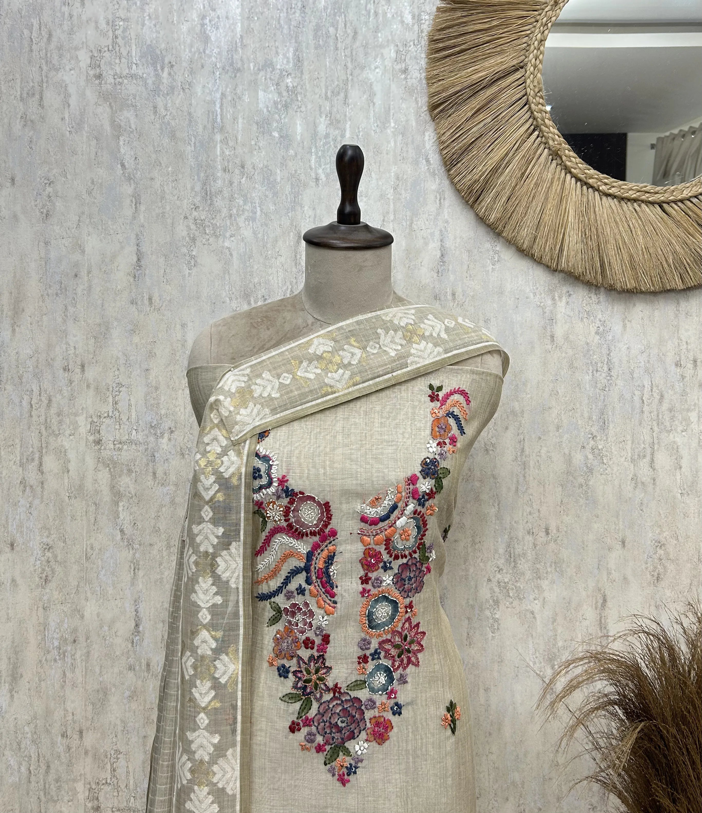 Floral Embroidered Elegance Jamdani linen Unstitched suit