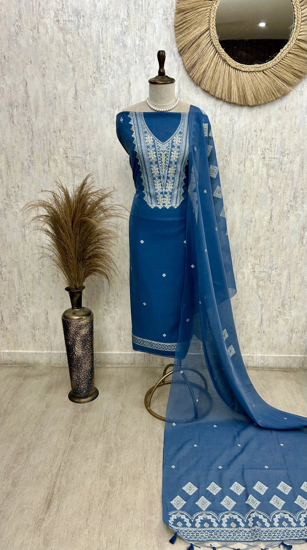 Indigo Unstitched Suit Set With Dupatta