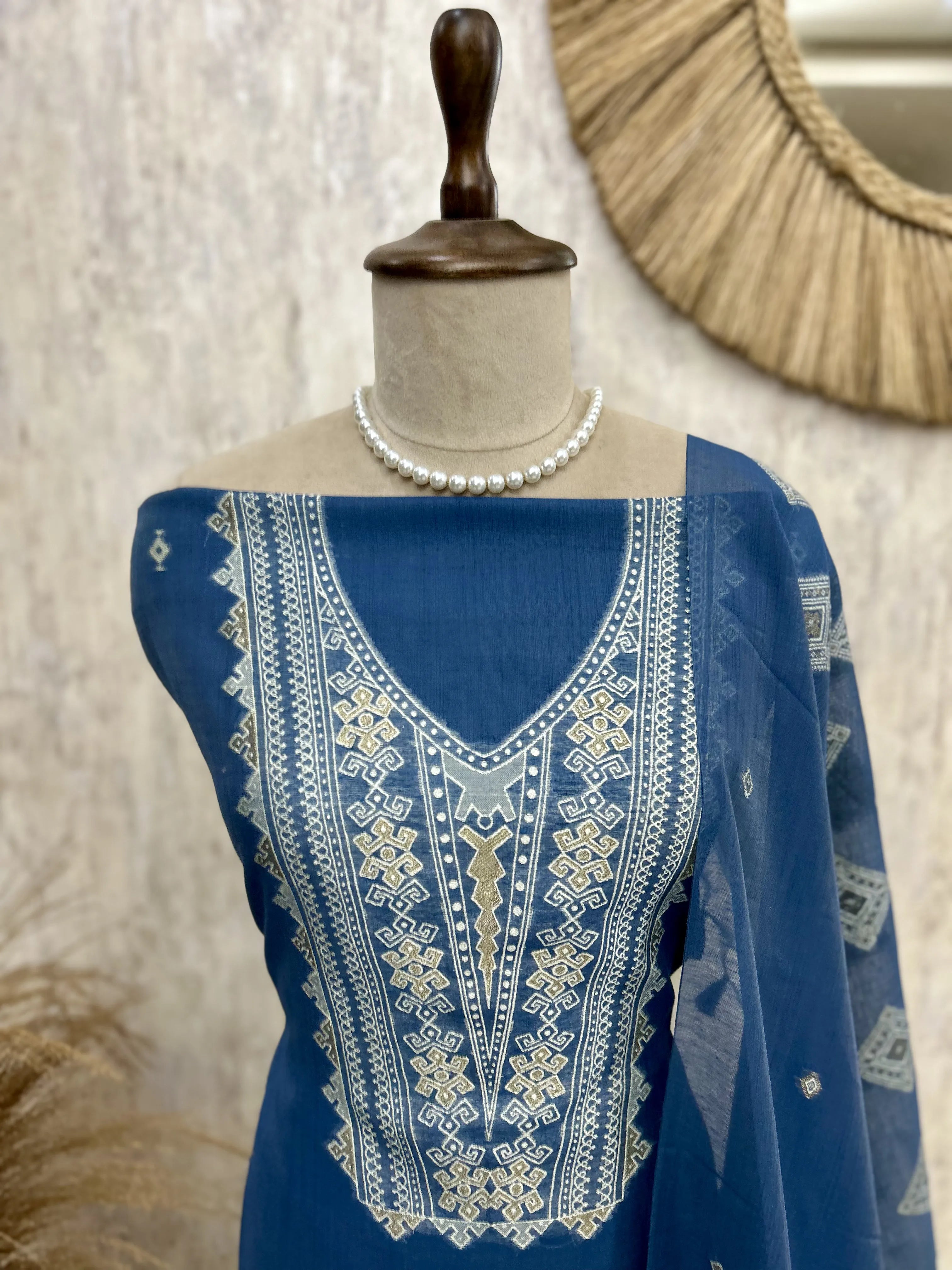 Indigo Unstitched Suit Set With Dupatta