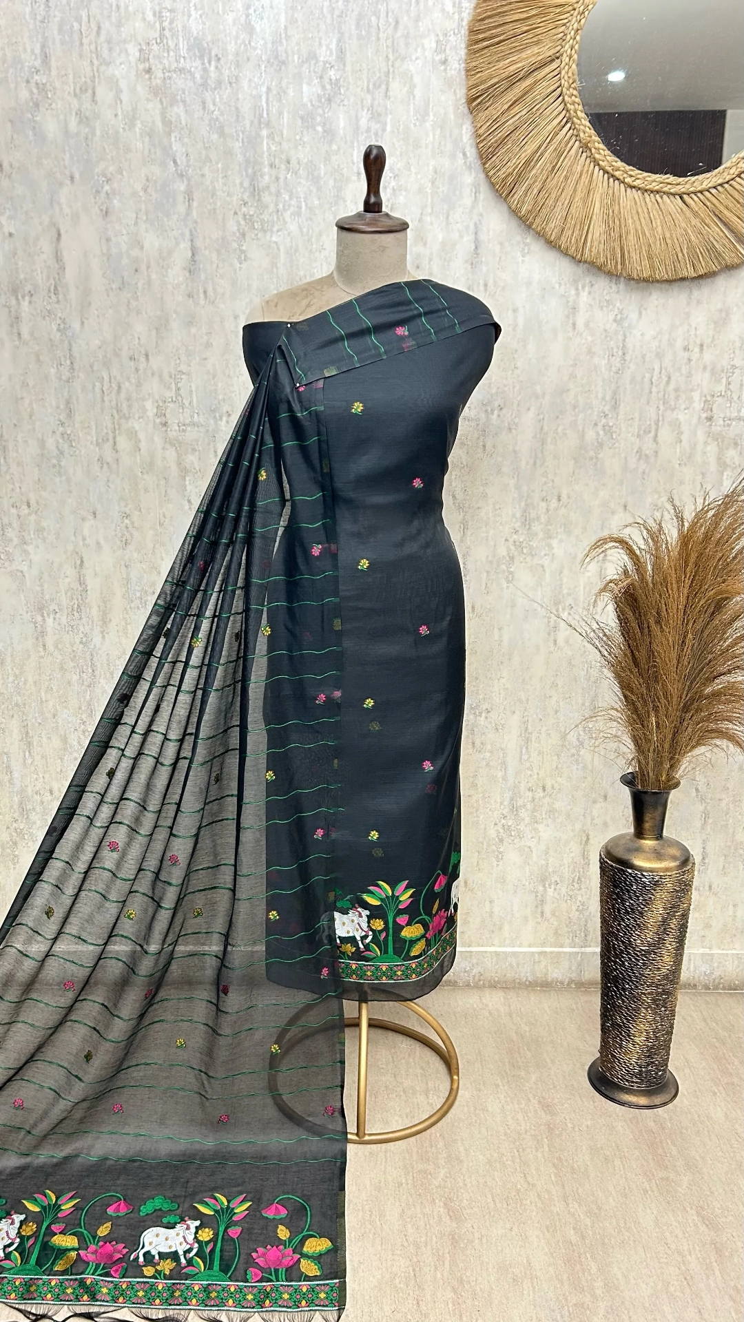 Emerald Floral Heritage Jamdani linen Unstitched suit