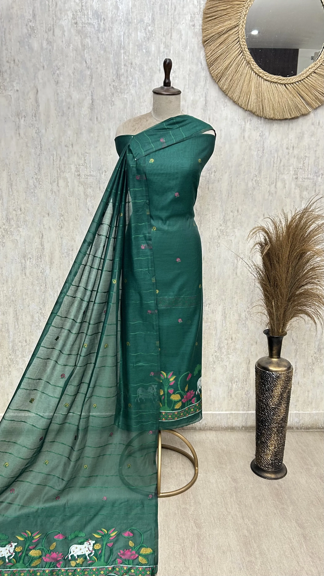 Emerald Floral Heritage Jamdani linen Unstitched suit