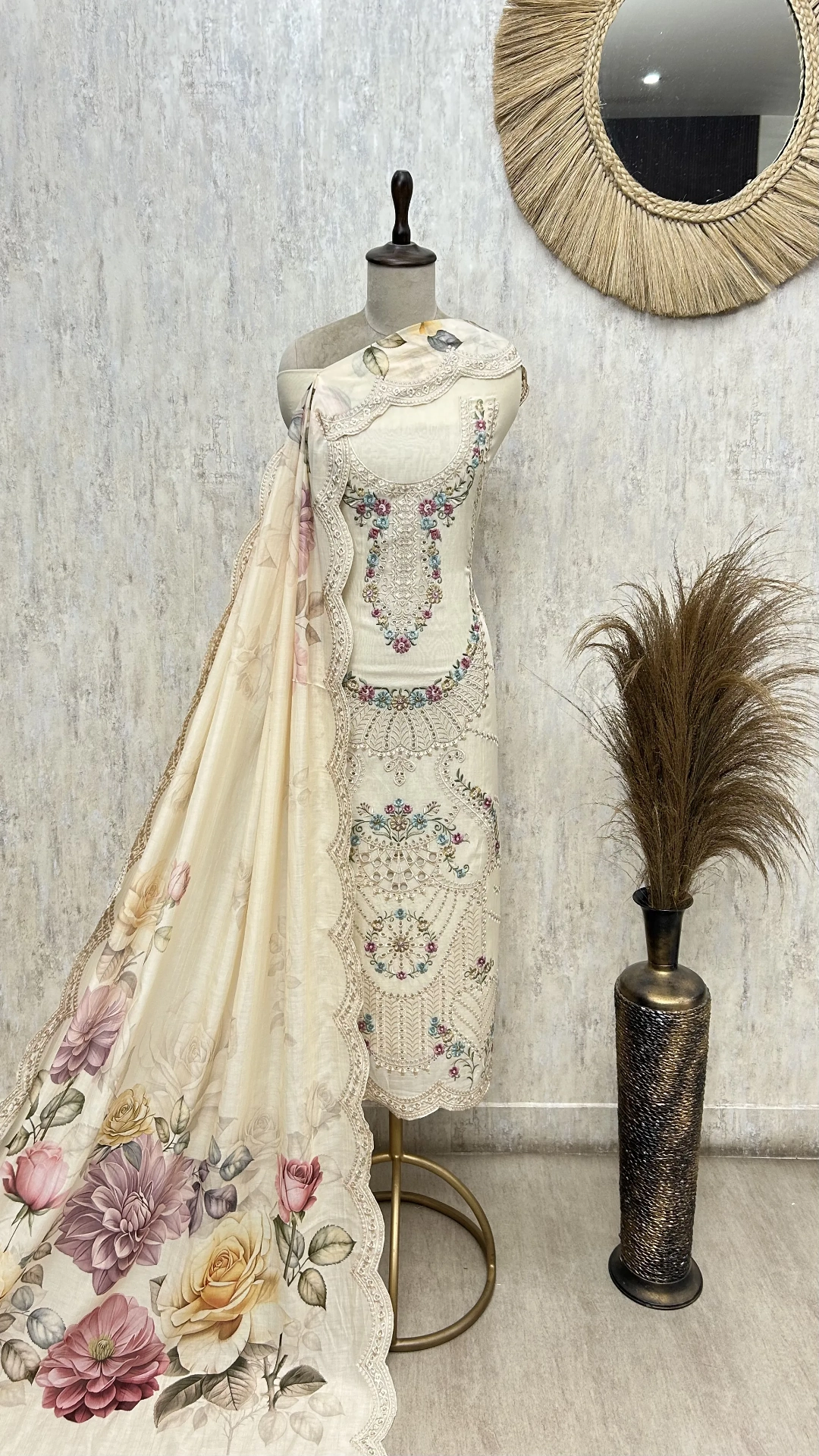 Delicate Floral Charm Mul chanderi Unstitched suit