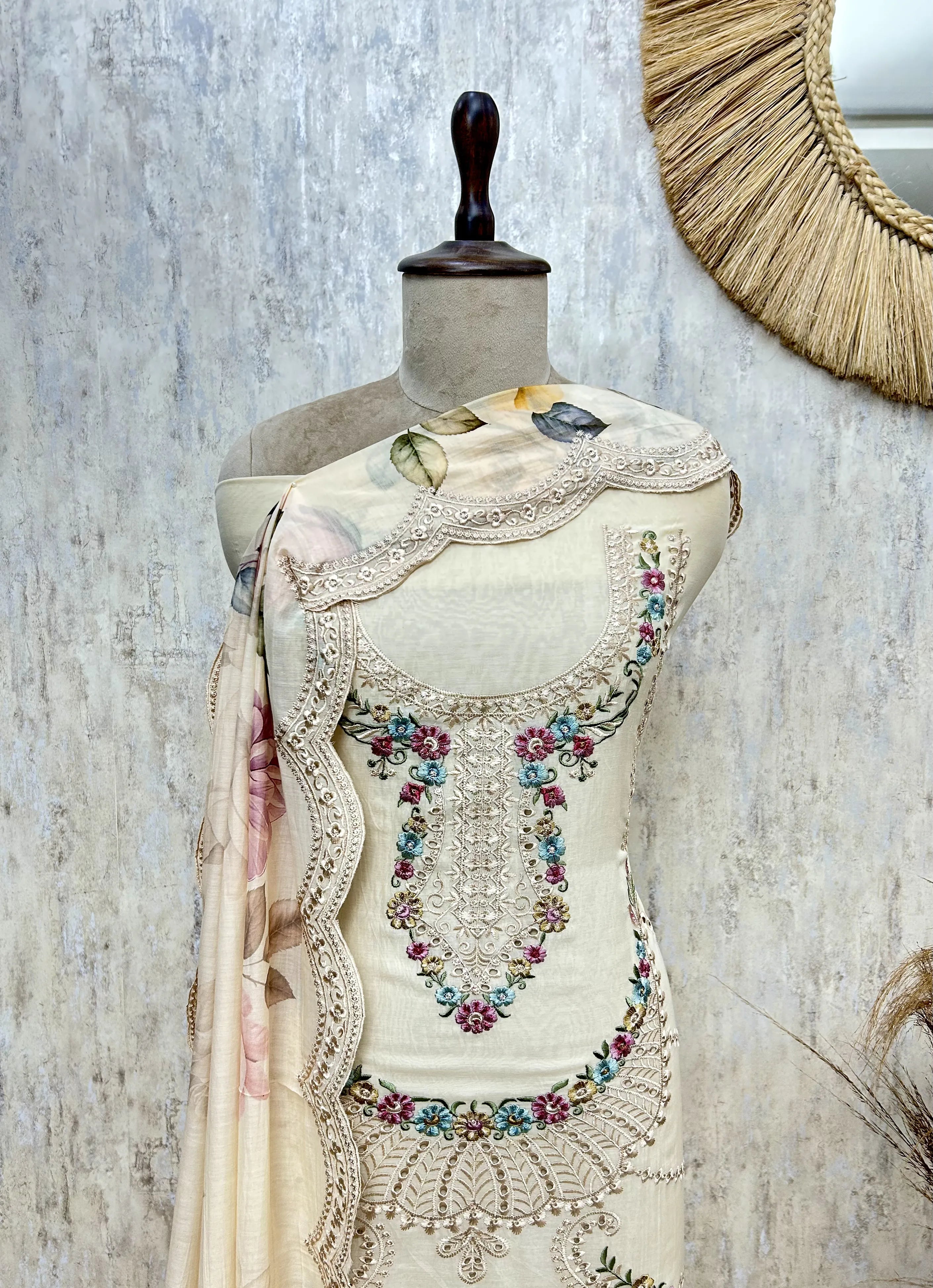 Delicate Floral Charm Mul chanderi Unstitched suit