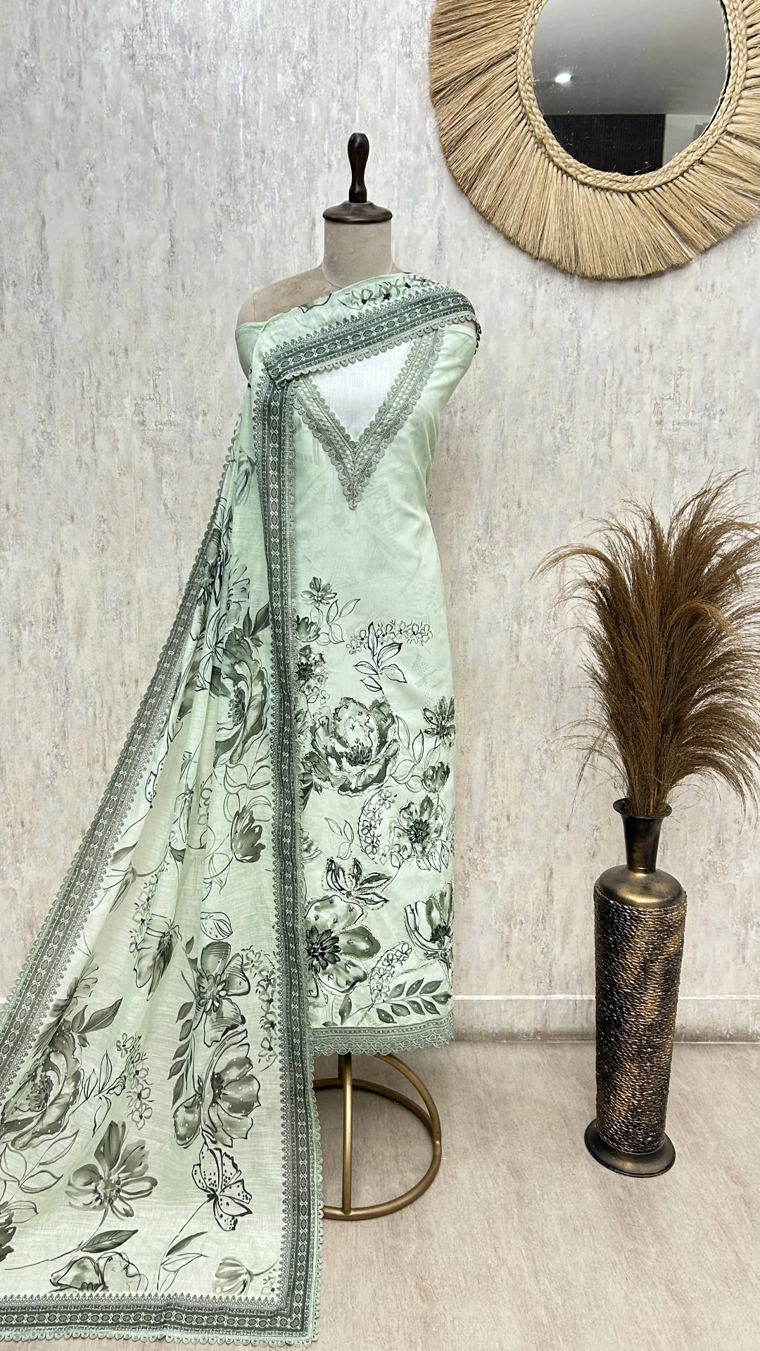 Mint Floral Embroidered Linen cotton Unstitched suit