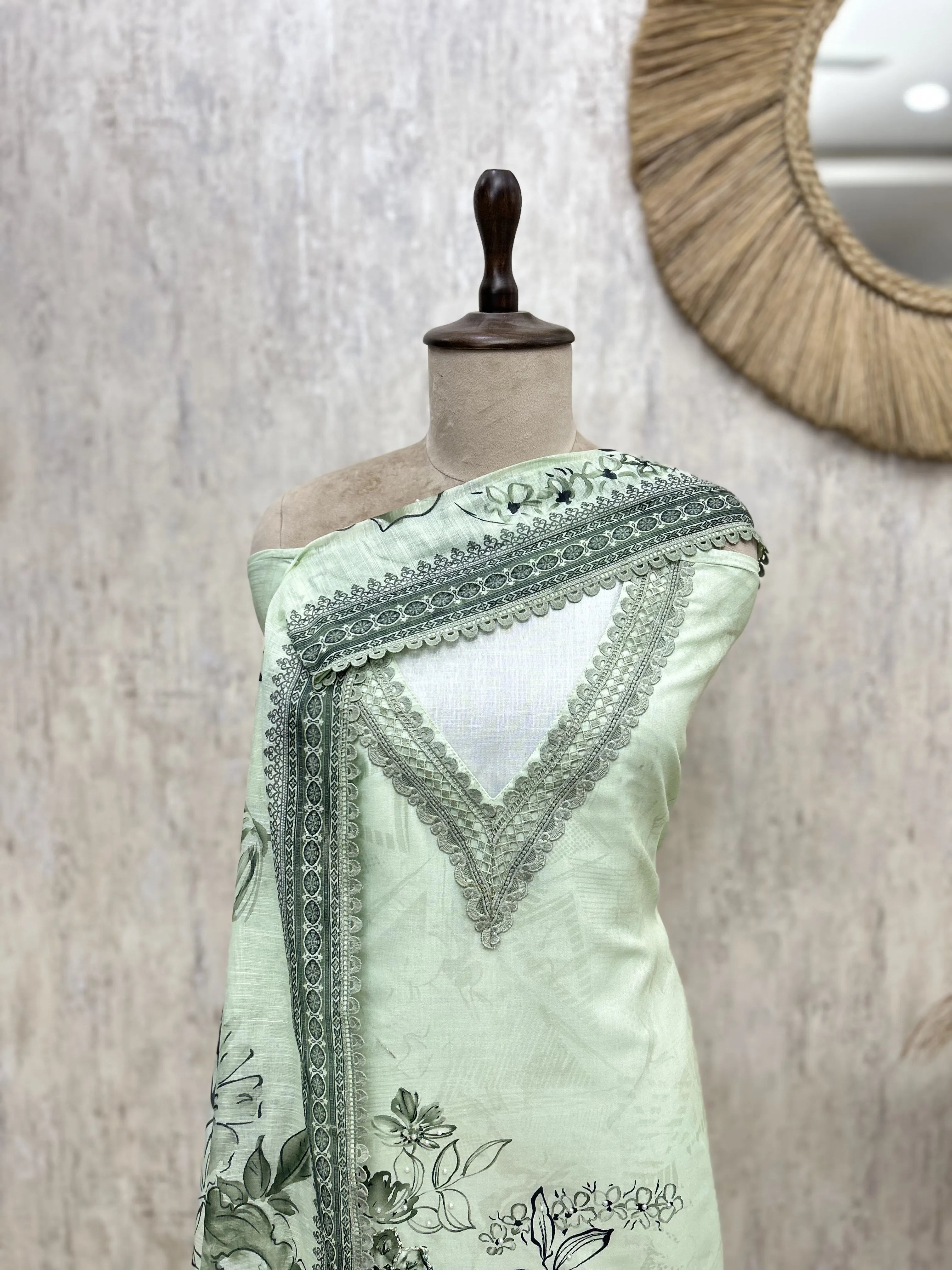 Mint Floral Embroidered Linen cotton Unstitched suit