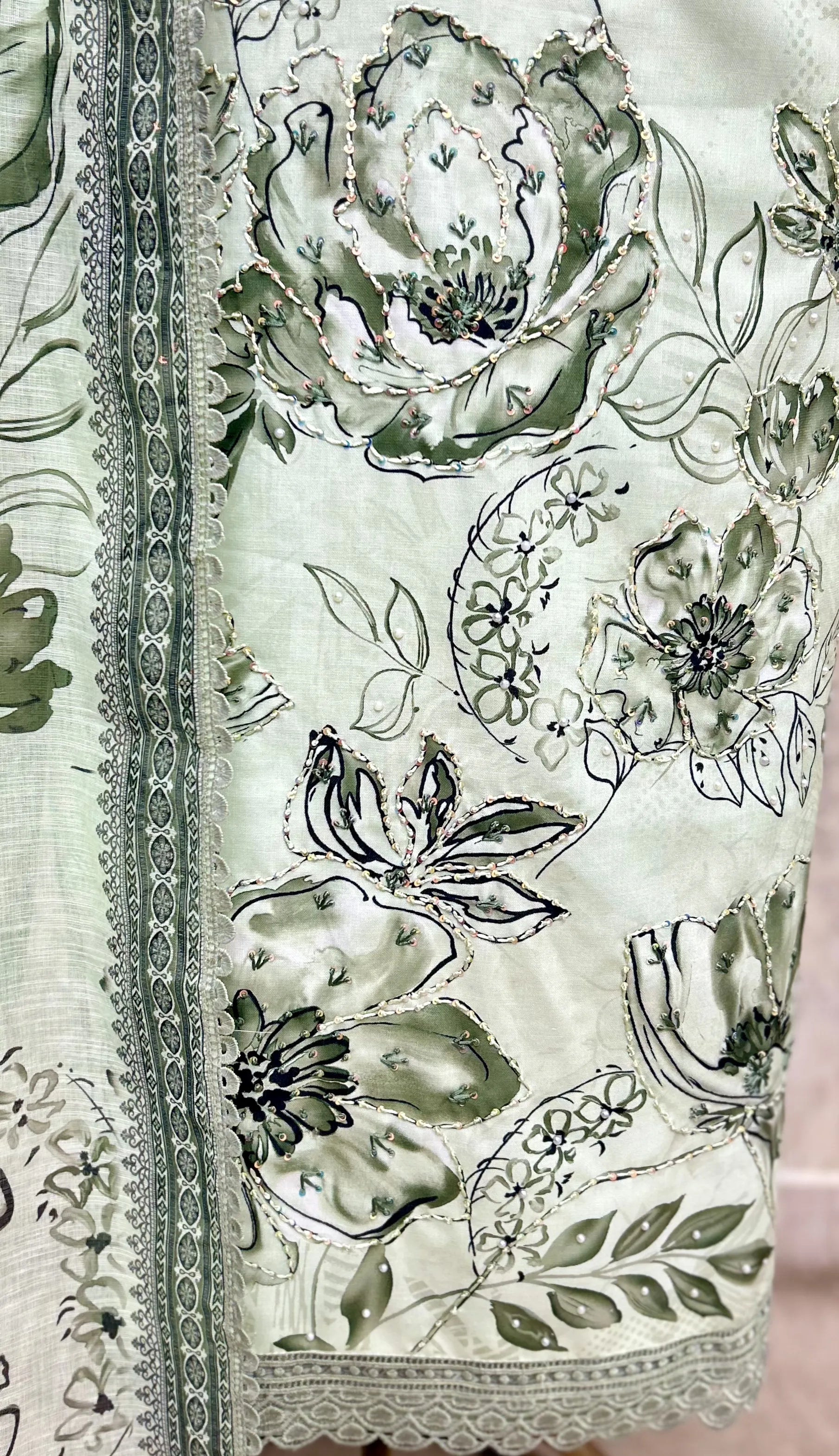 Mint Floral Embroidered Linen cotton Unstitched suit