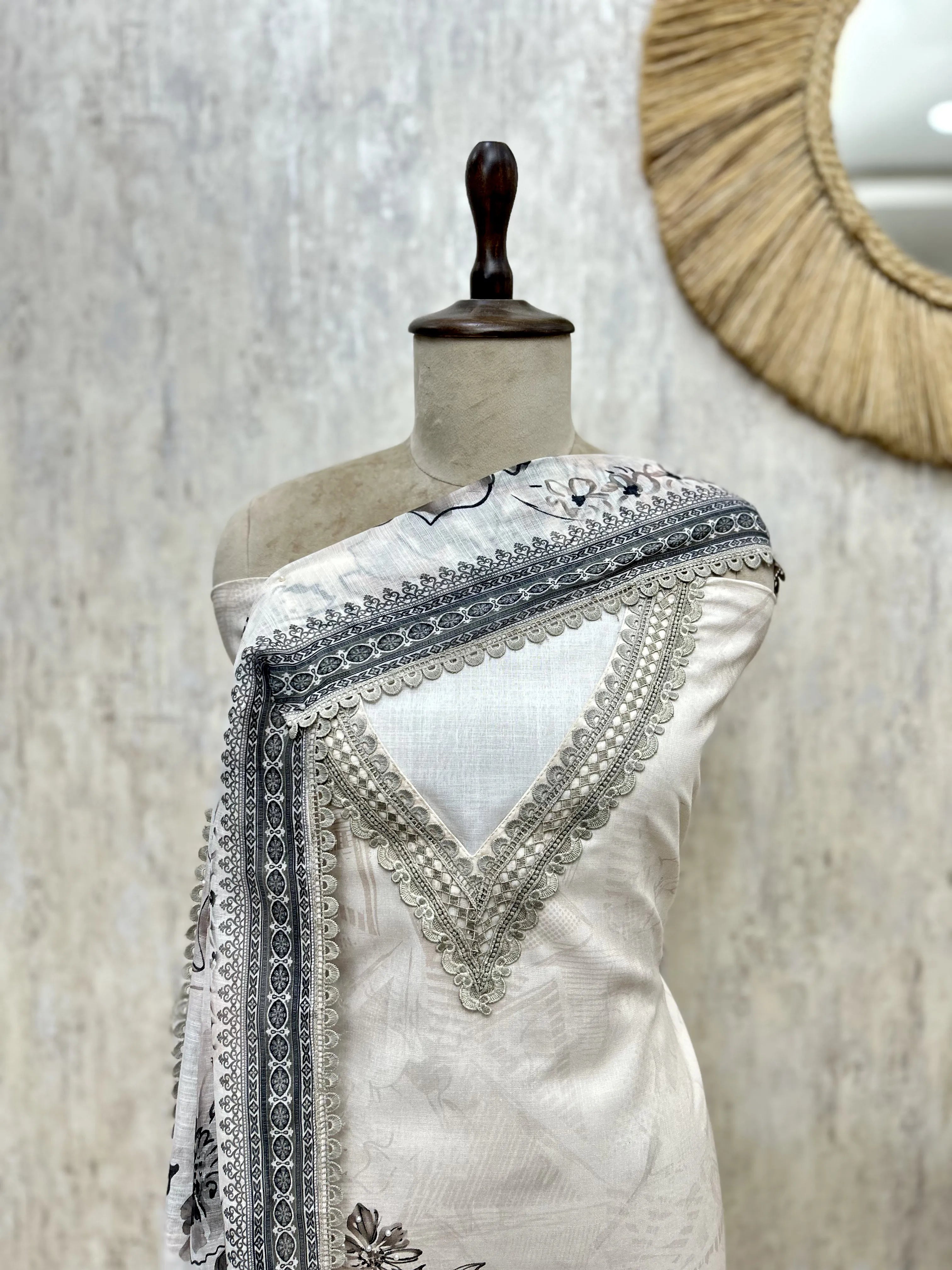 Mint Floral Embroidered Linen cotton Unstitched suit