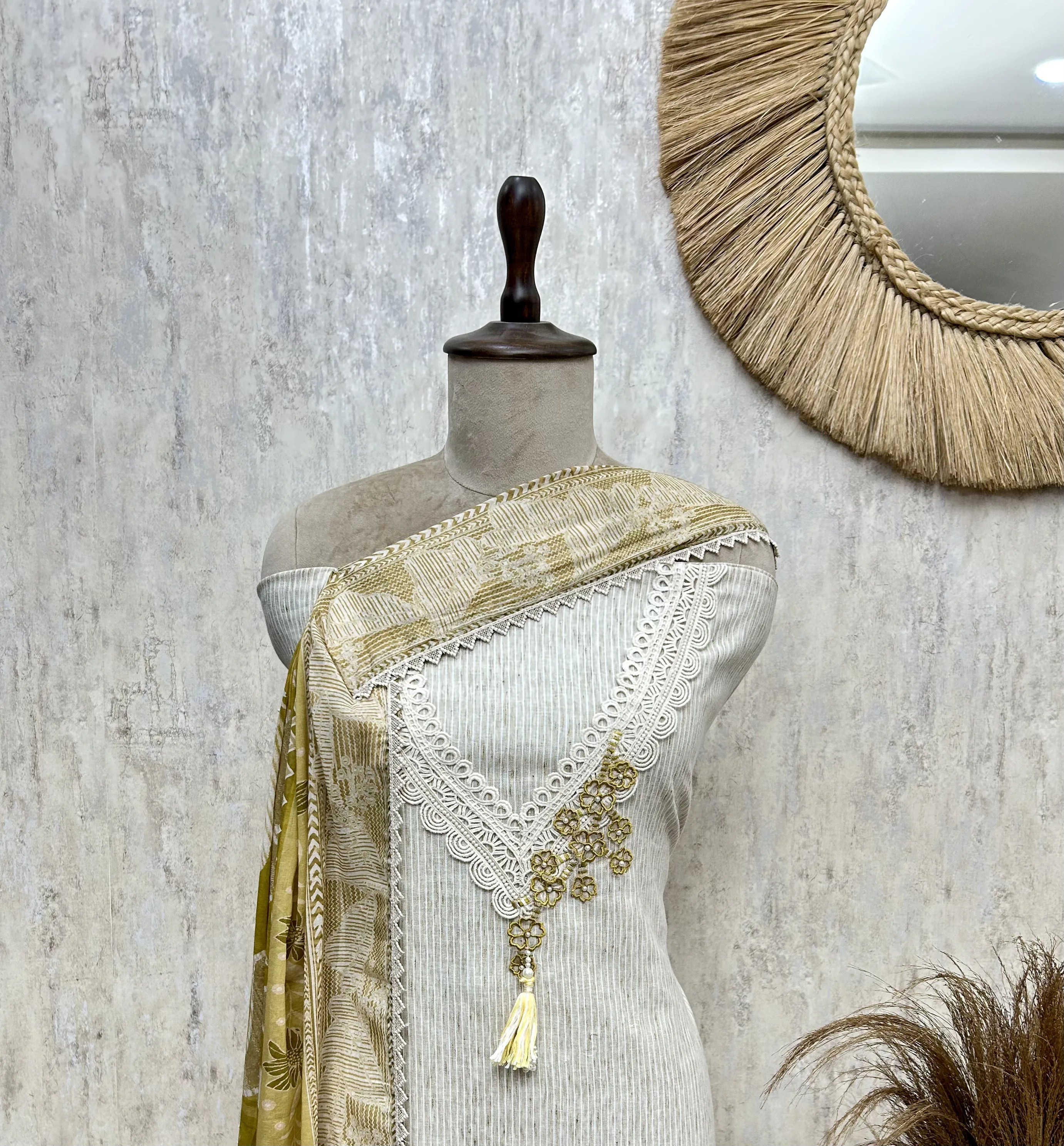 Ivory Gold Embroidered Cotton Unstitched suit