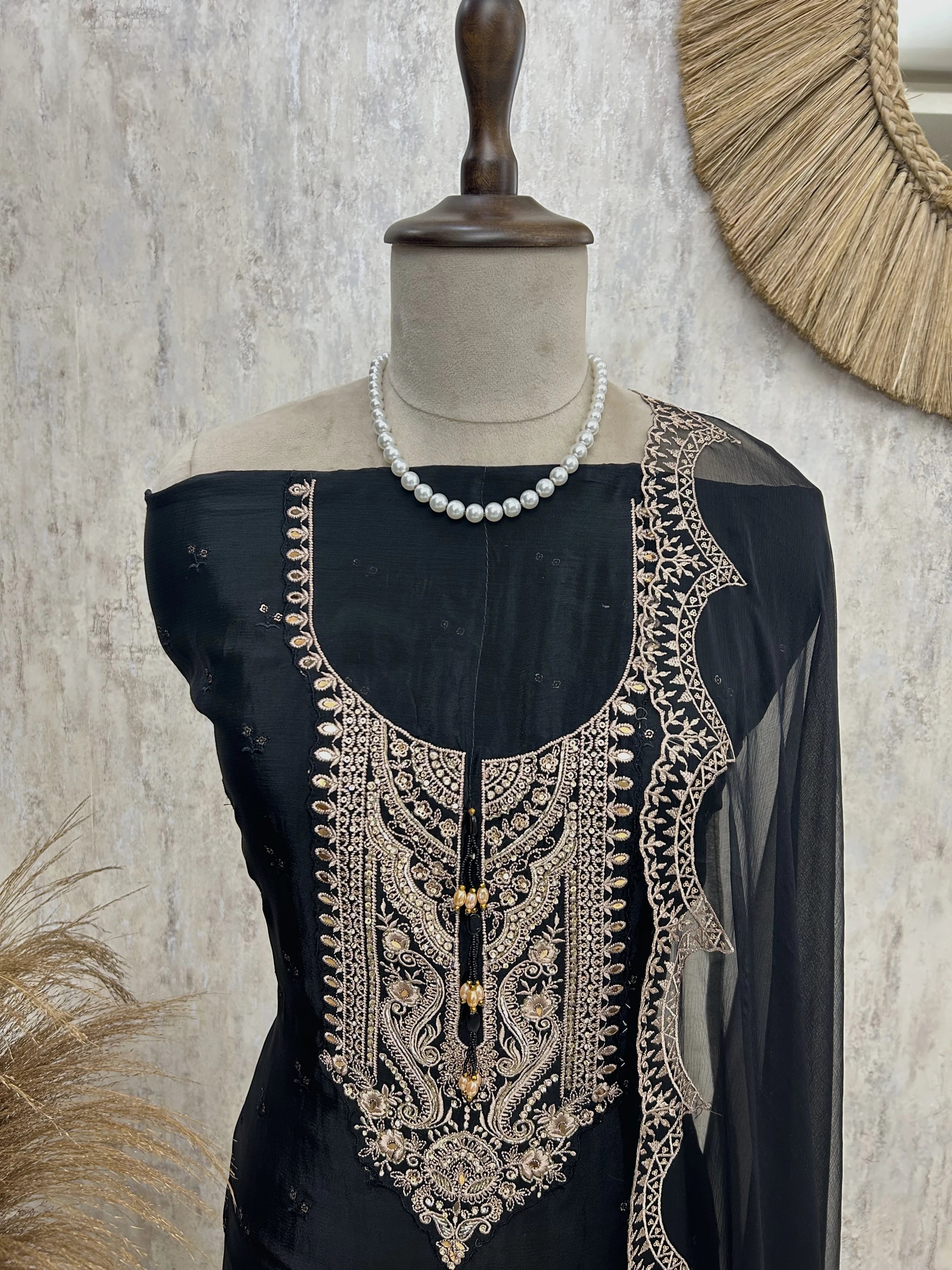 Thread & Pearl Work Chinon Unstitched Suit Set