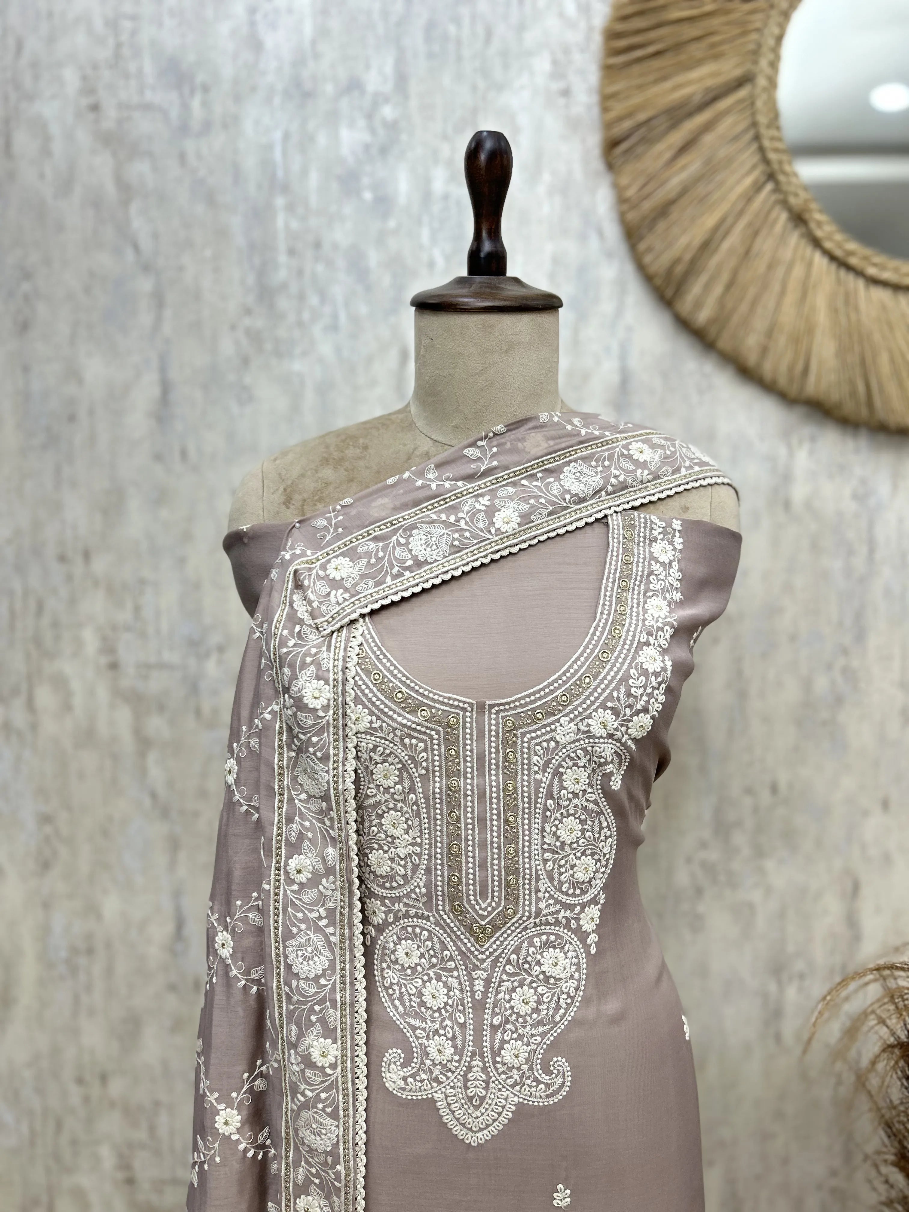 Taupe Floral Embroidered Mul chanderi Unstitched suit