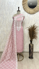 Taupe Floral Embroidered Mul chanderi Unstitched suit