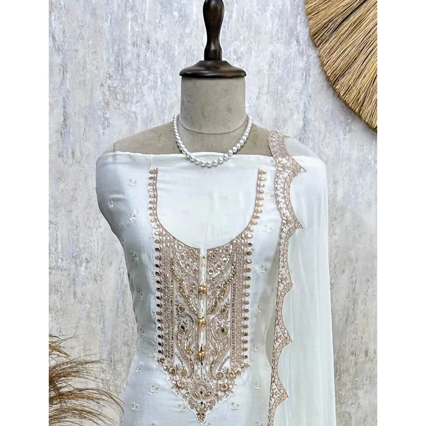 Thread & Pearl Work Chinon Unstitched Suit Set