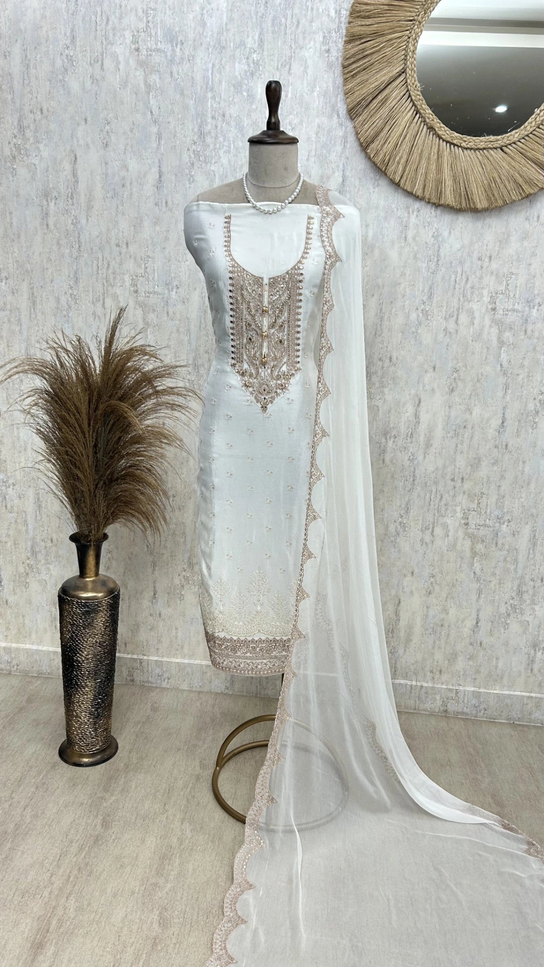 Thread & Pearl Work Chinon Unstitched Suit Set