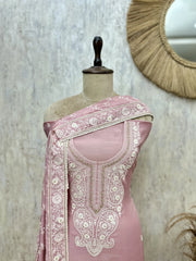 Taupe Floral Embroidered Mul chanderi Unstitched suit