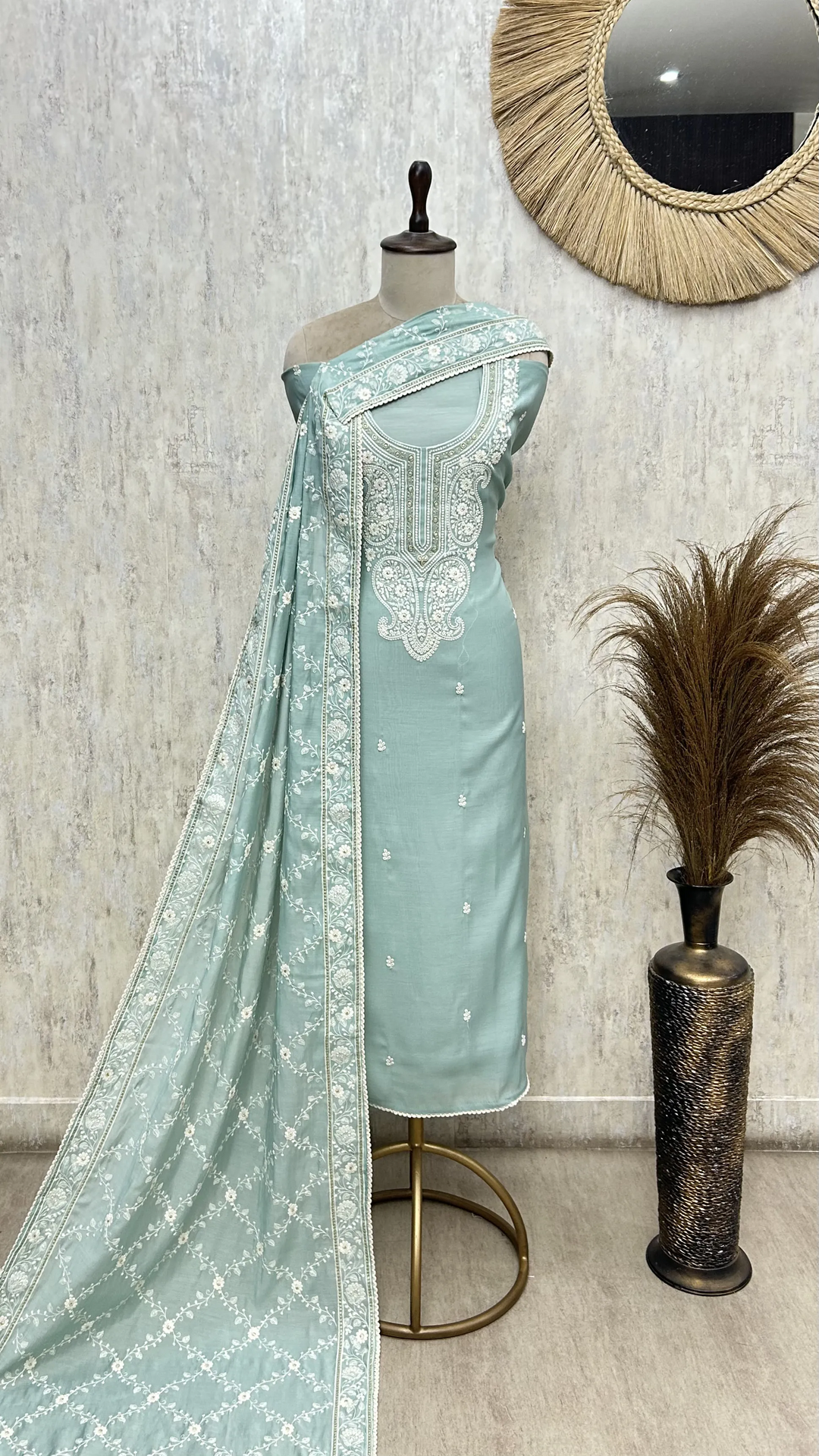 Taupe Floral Embroidered Mul chanderi Unstitched suit
