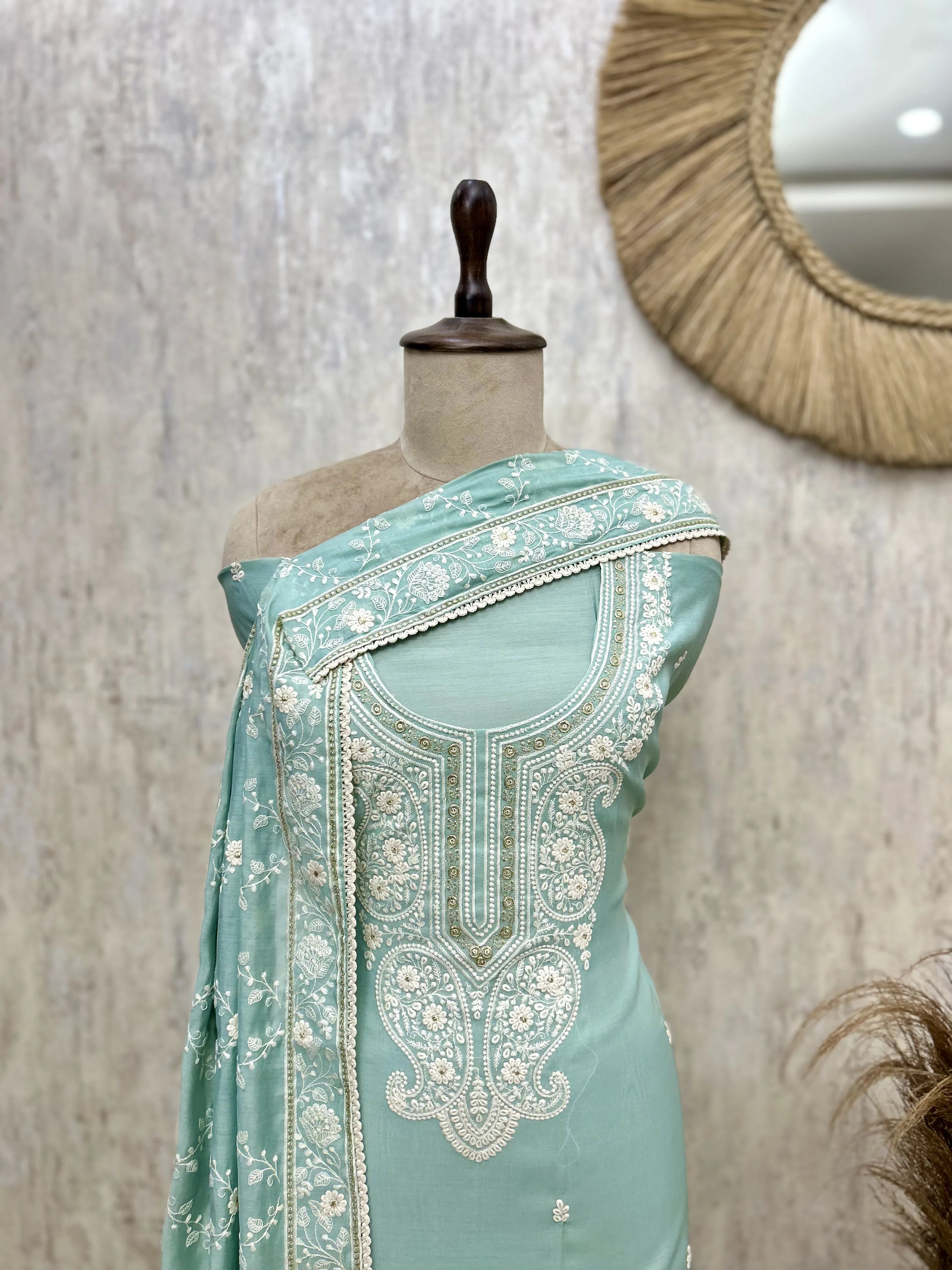 Taupe Floral Embroidered Mul chanderi Unstitched suit