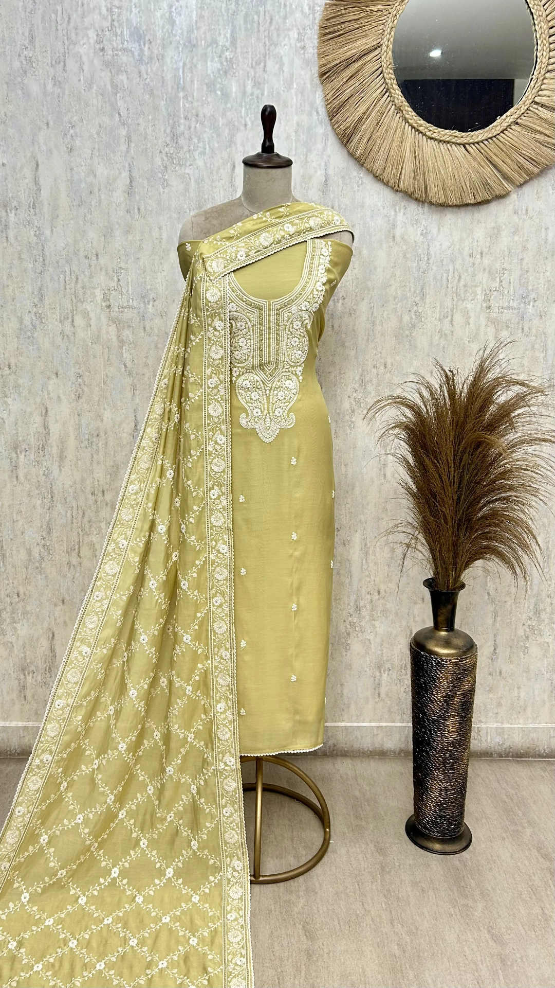 Taupe Floral Embroidered Mul chanderi Unstitched suit