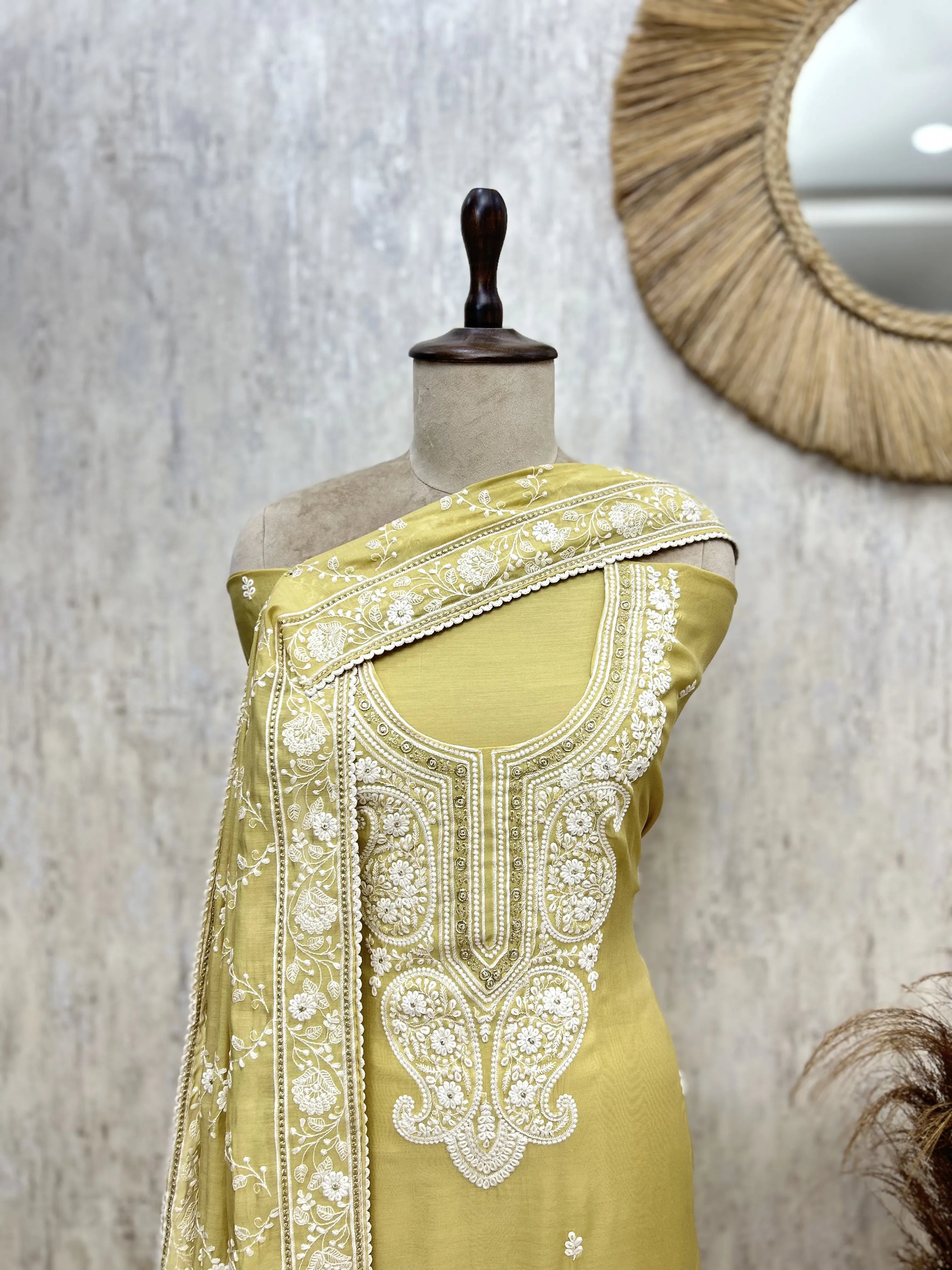 Taupe Floral Embroidered Mul chanderi Unstitched suit