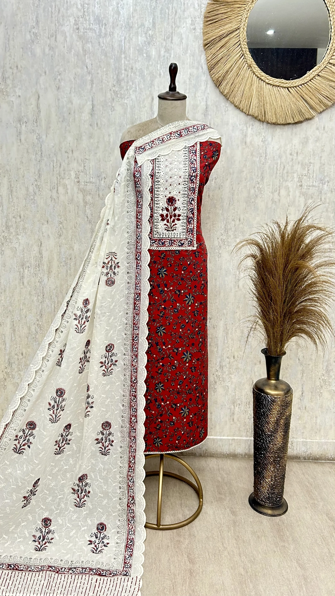 Crimson Floral Lace cotton Unstitched suit
