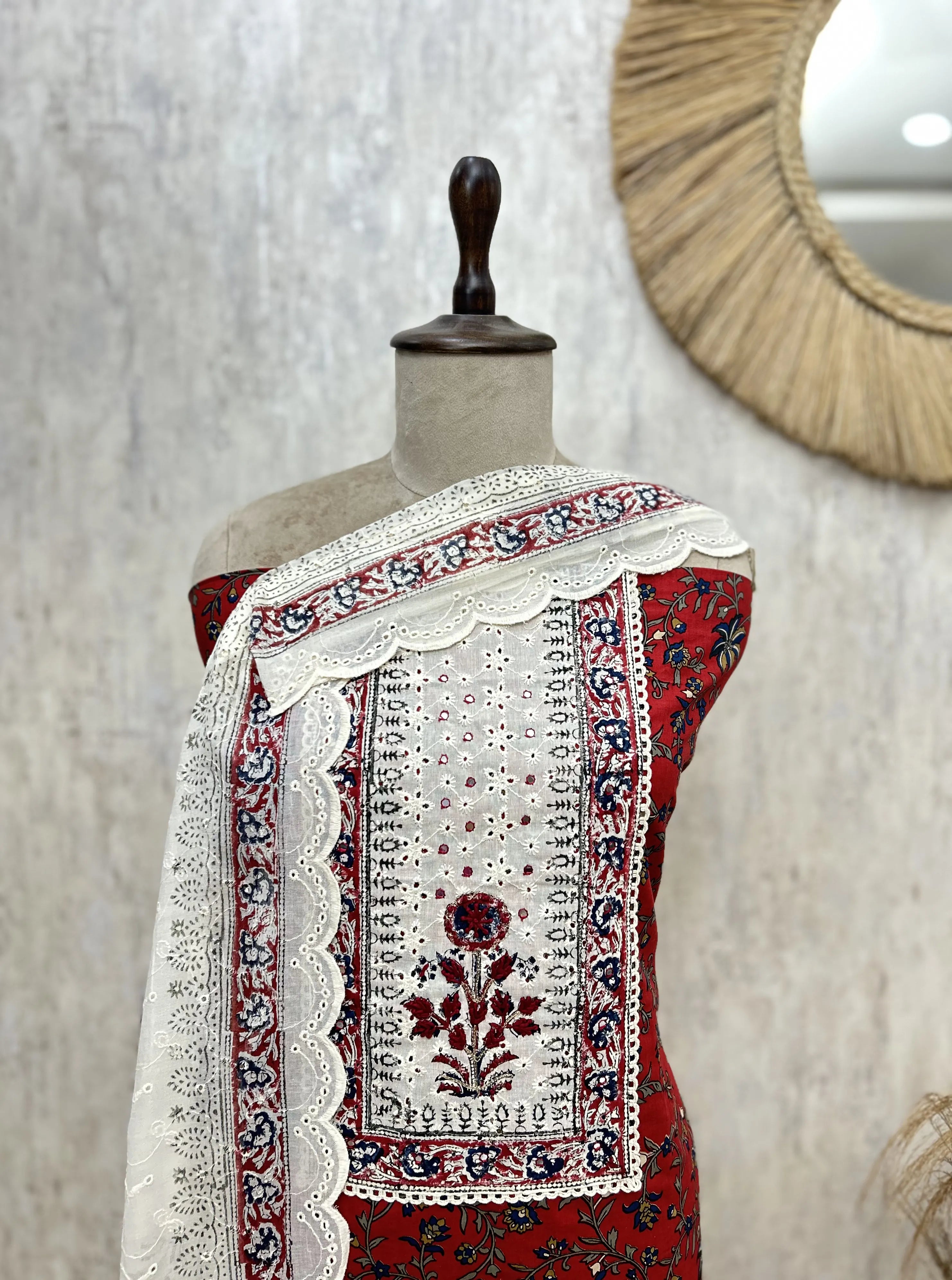 Crimson Floral Lace cotton Unstitched suit