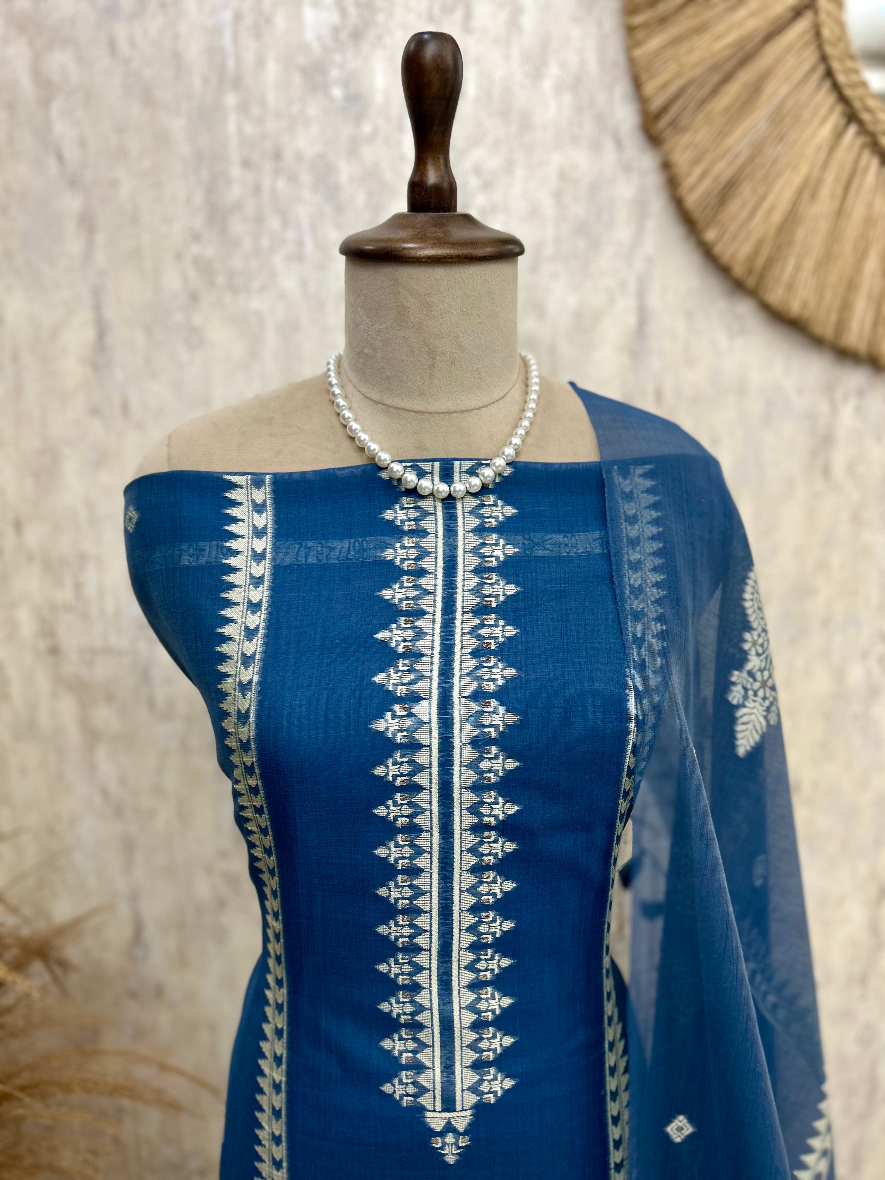 Indigo Unstitched Suit Set With Dupatta